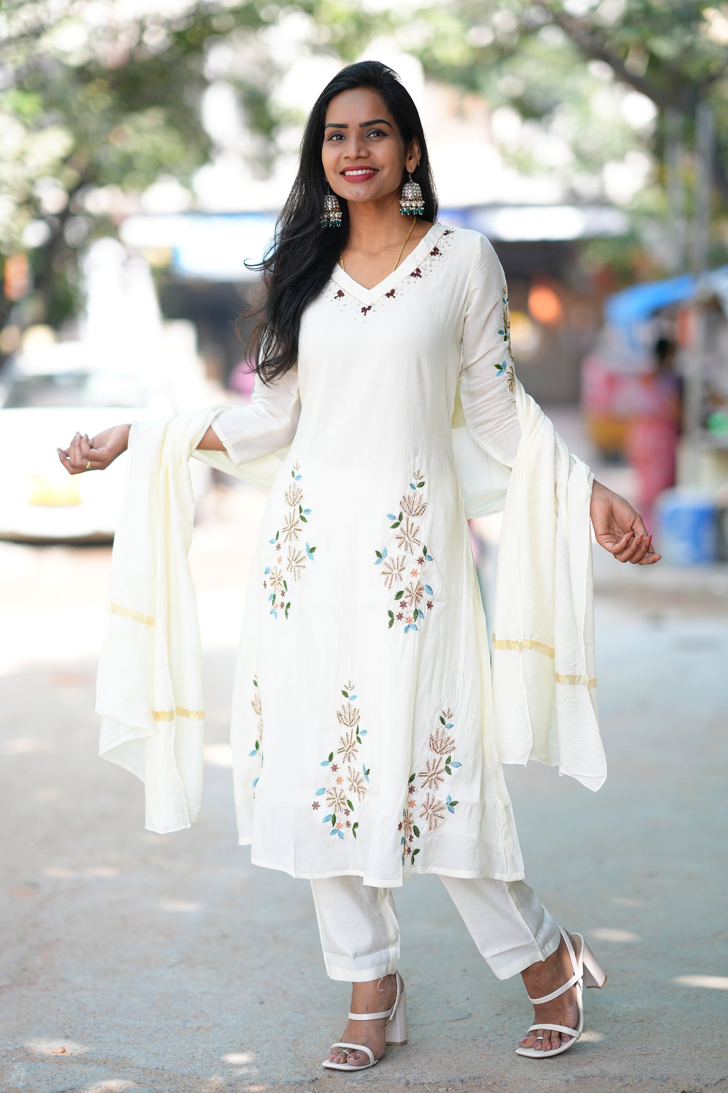Cream Color Designer Wear Mul Chanderi 3 Piece Set With Zari Work Duppata