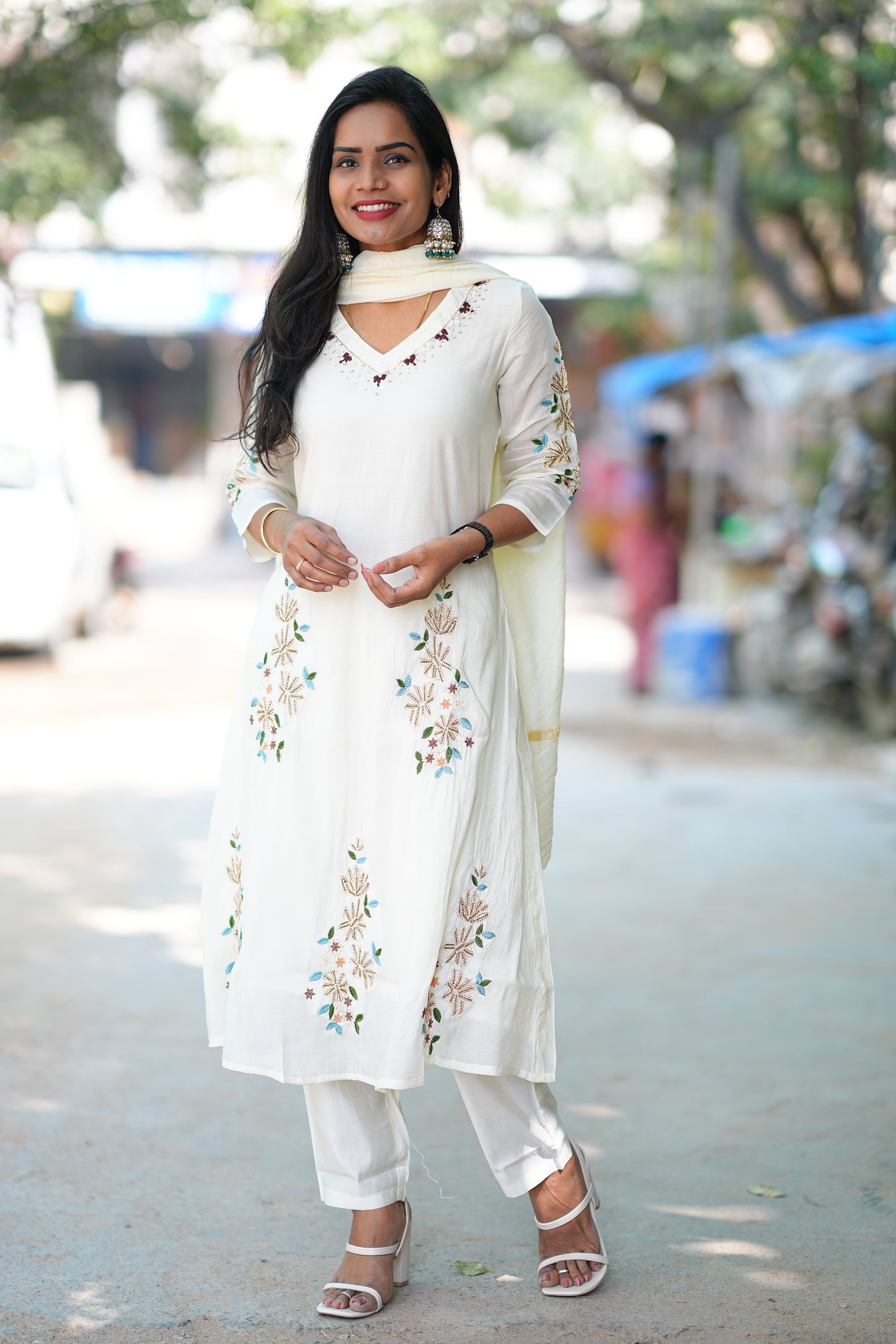Cream Color Designer Wear Mul Chanderi 3 Piece Set With Zari Work Duppata