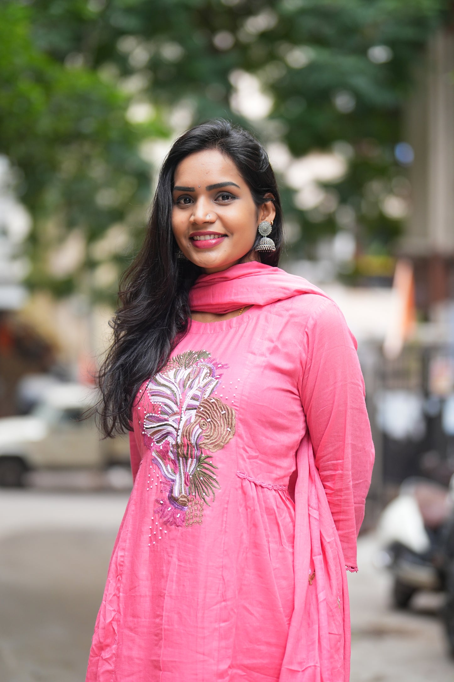 Pink Color Pure Mul Cotton Embroidery Design 3 Piece Set With Complete Lining