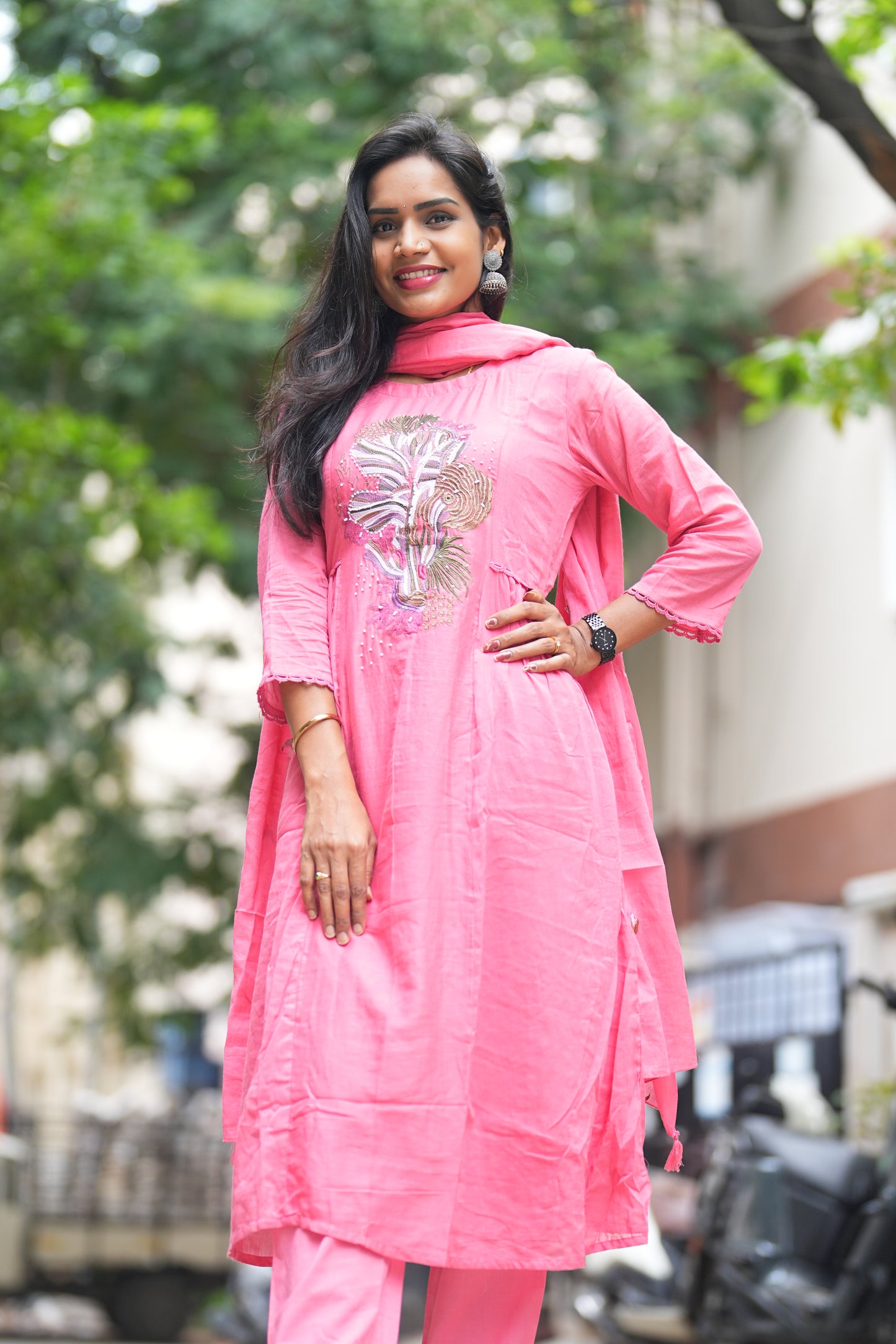 Pink Color Pure Mul Cotton Embroidery Design 3 Piece Set With Complete Lining