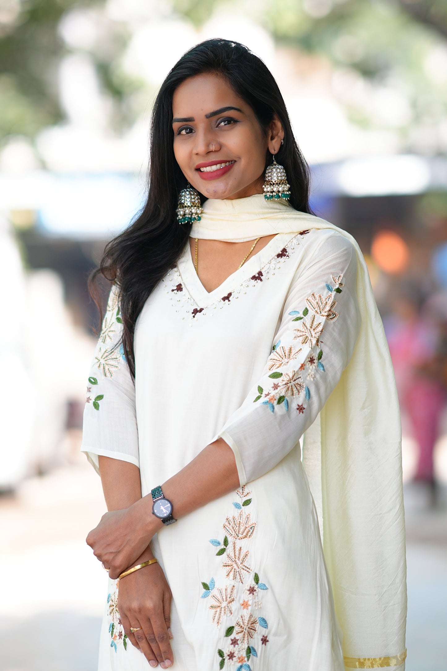 Cream Color Designer Wear Mul Chanderi 3 Piece Set With Zari Work Duppata