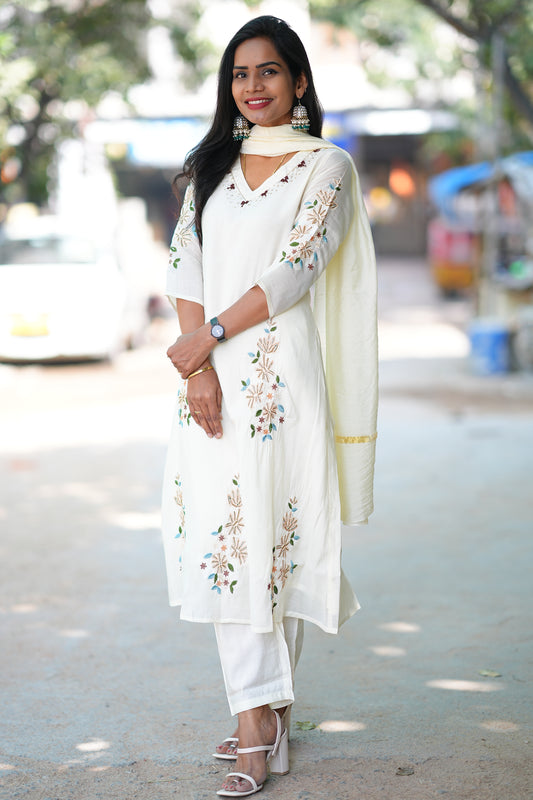 Cream Color Designer Wear Mul Chanderi 3 Piece Set With Zari Work Duppata