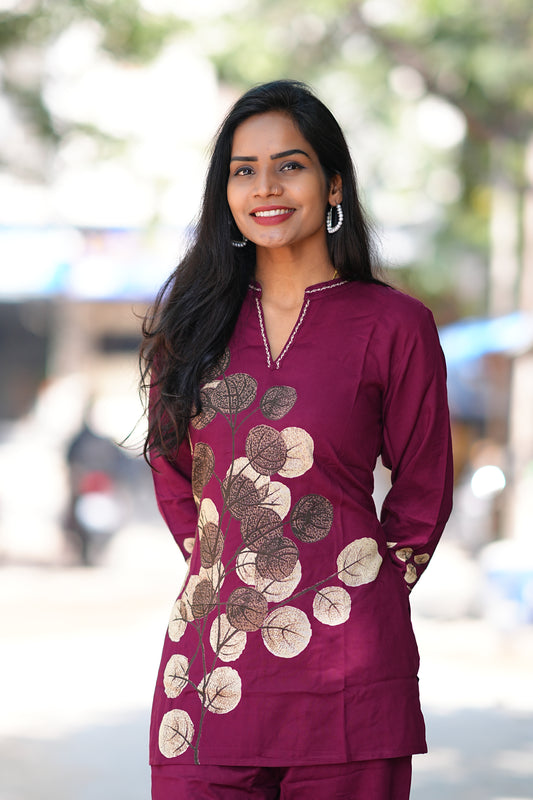 Round Neck With V slit Maroon Color Heavy Rayon With Botanical Print