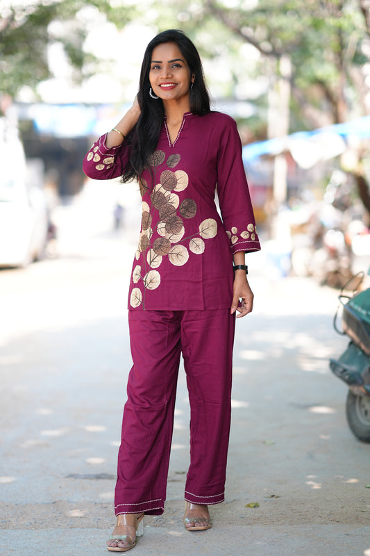 Round Neck With V slit Maroon Color Heavy Rayon With Botanical Print