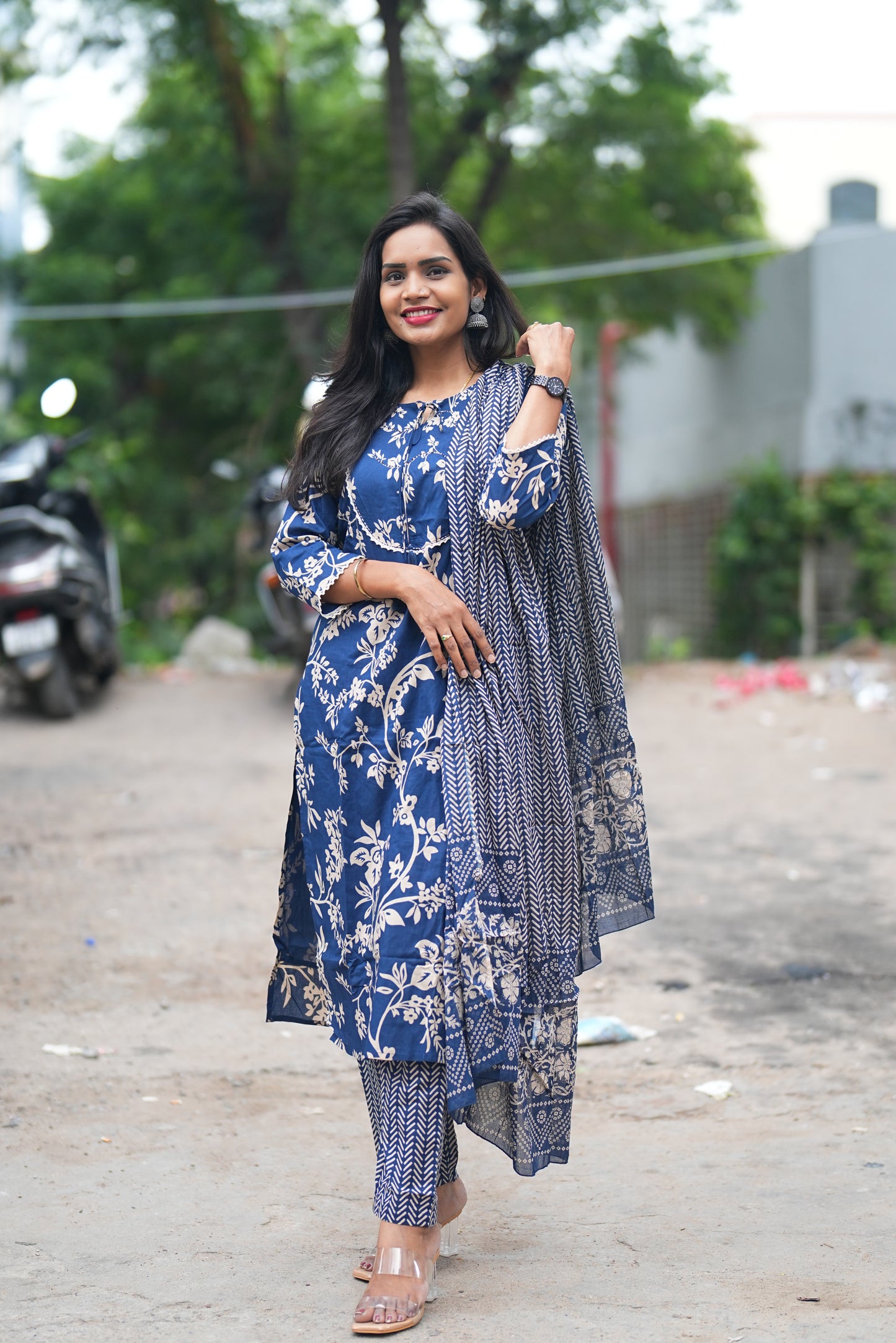 Blue Color Office Wear Jaipur Cotton 3 Piece Set With Complete Lining