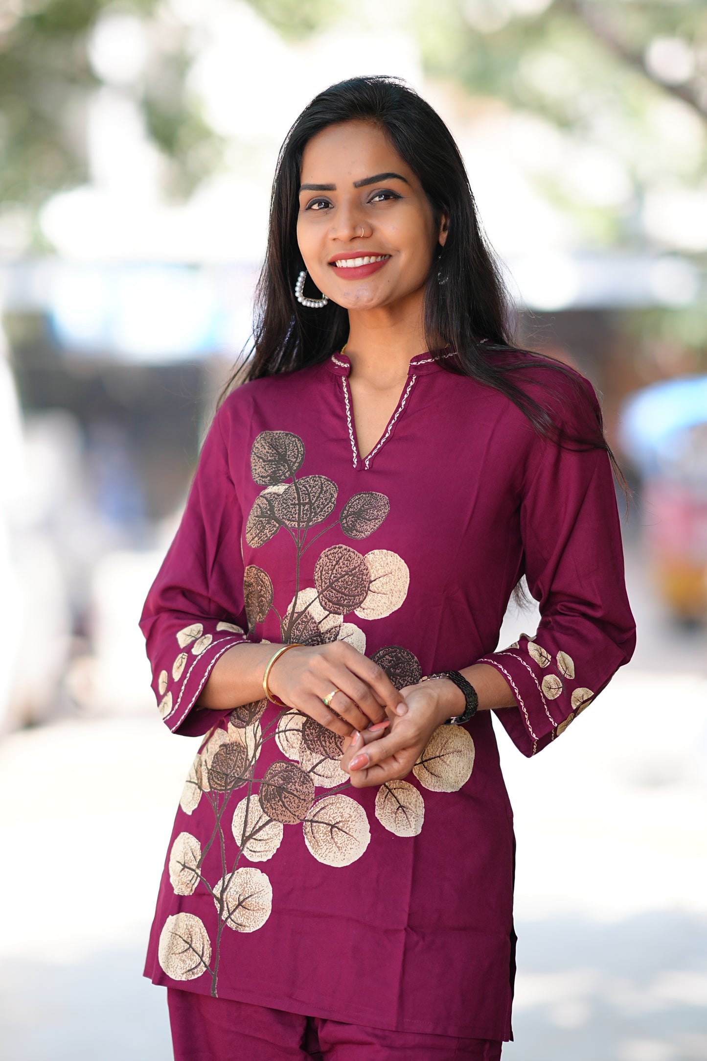 Round Neck With V slit Maroon Color Heavy Rayon With Botanical Print