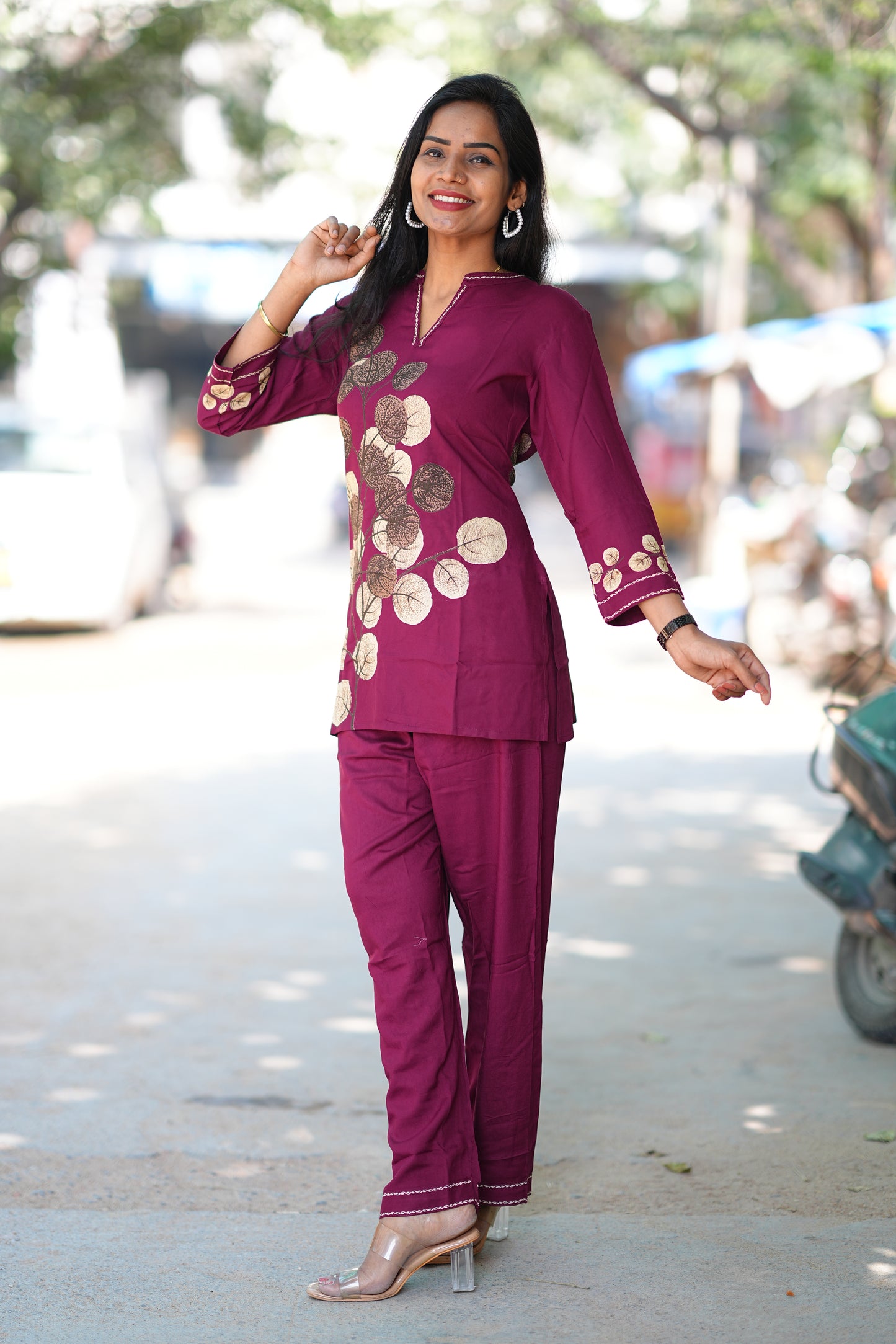 Round Neck With V slit Maroon Color Heavy Rayon With Botanical Print