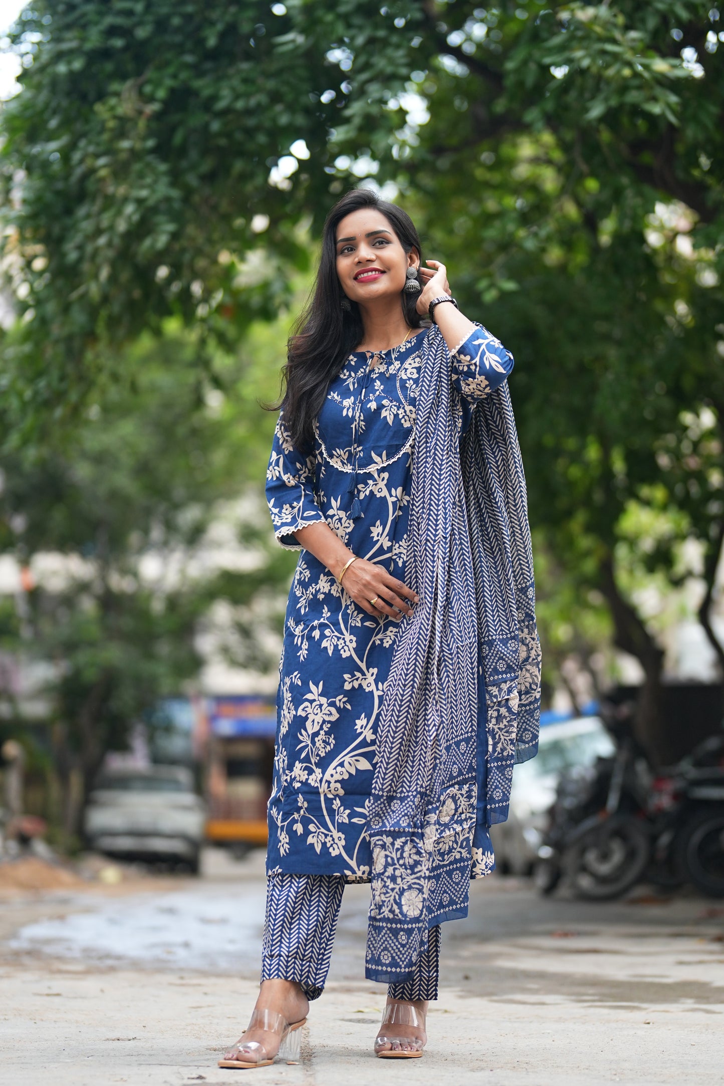 Blue Color Office Wear Jaipur Cotton 3 Piece Set With Complete Lining