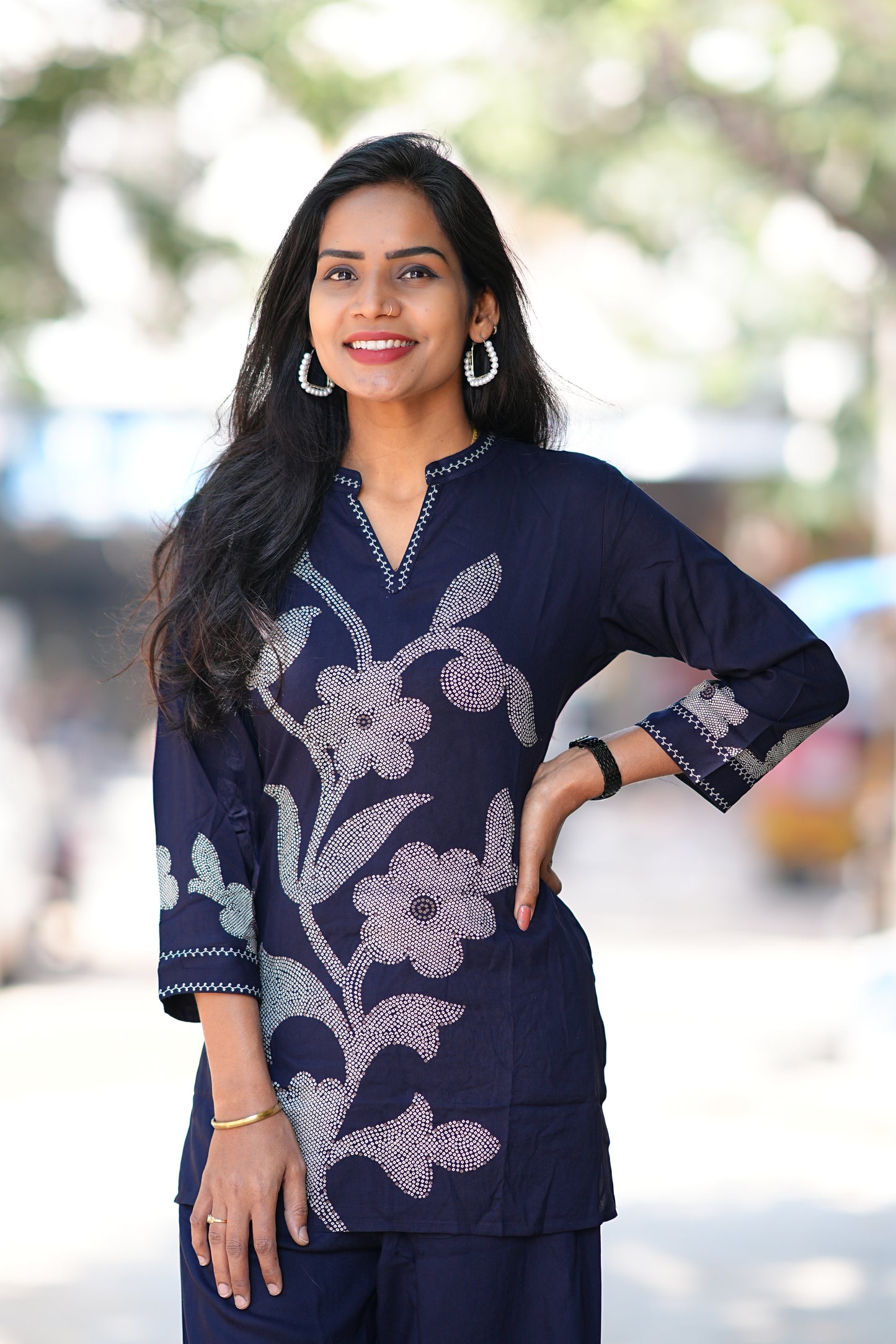 Round Neck With V Slit Blue Color Heavy Rayon With Bandini Print