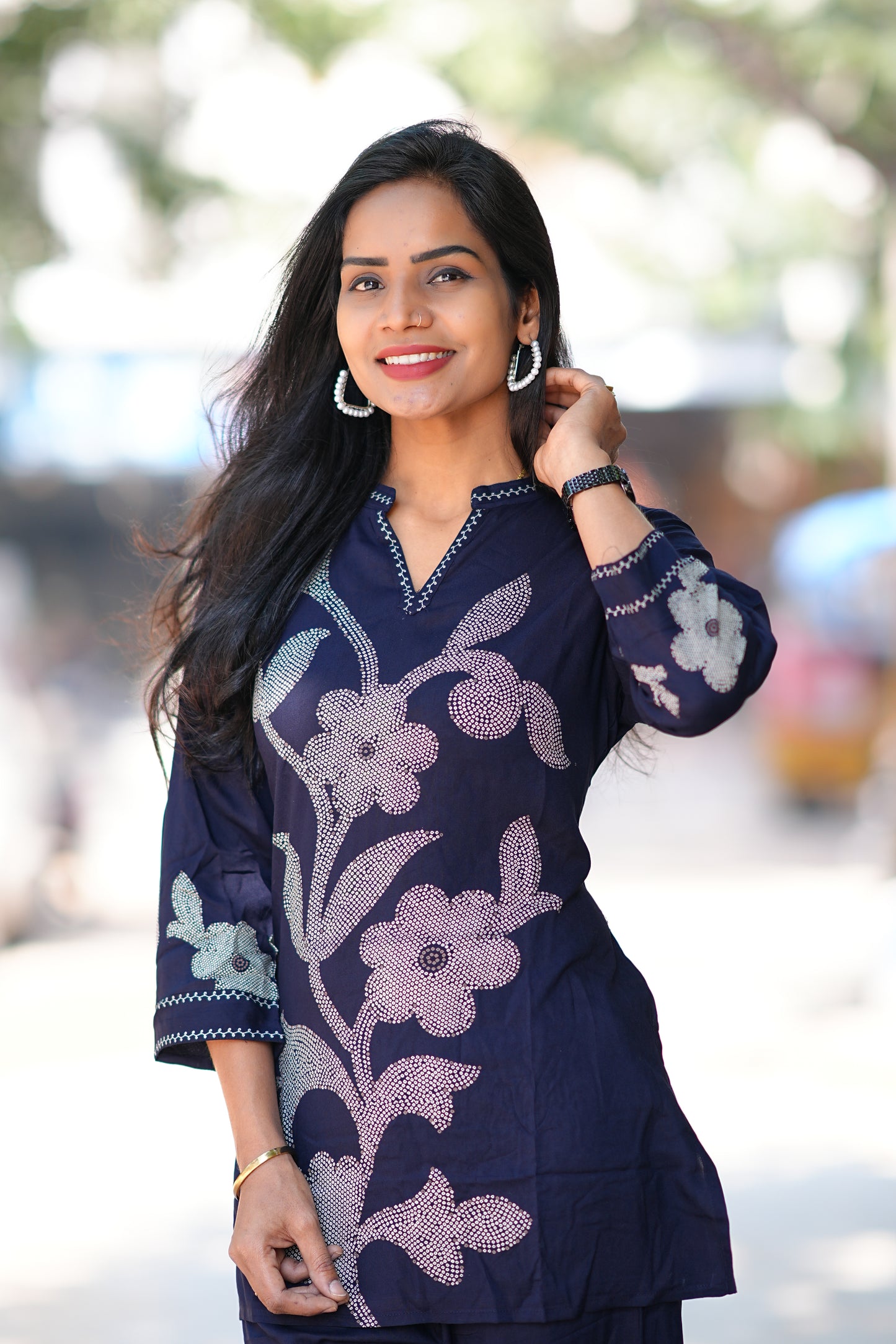 Round Neck With V Slit Blue Color Heavy Rayon With Bandini Print