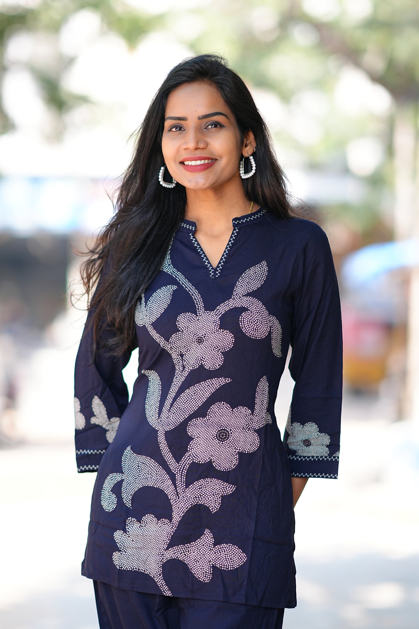 Round Neck With V Slit Blue Color Heavy Rayon With Bandini Print