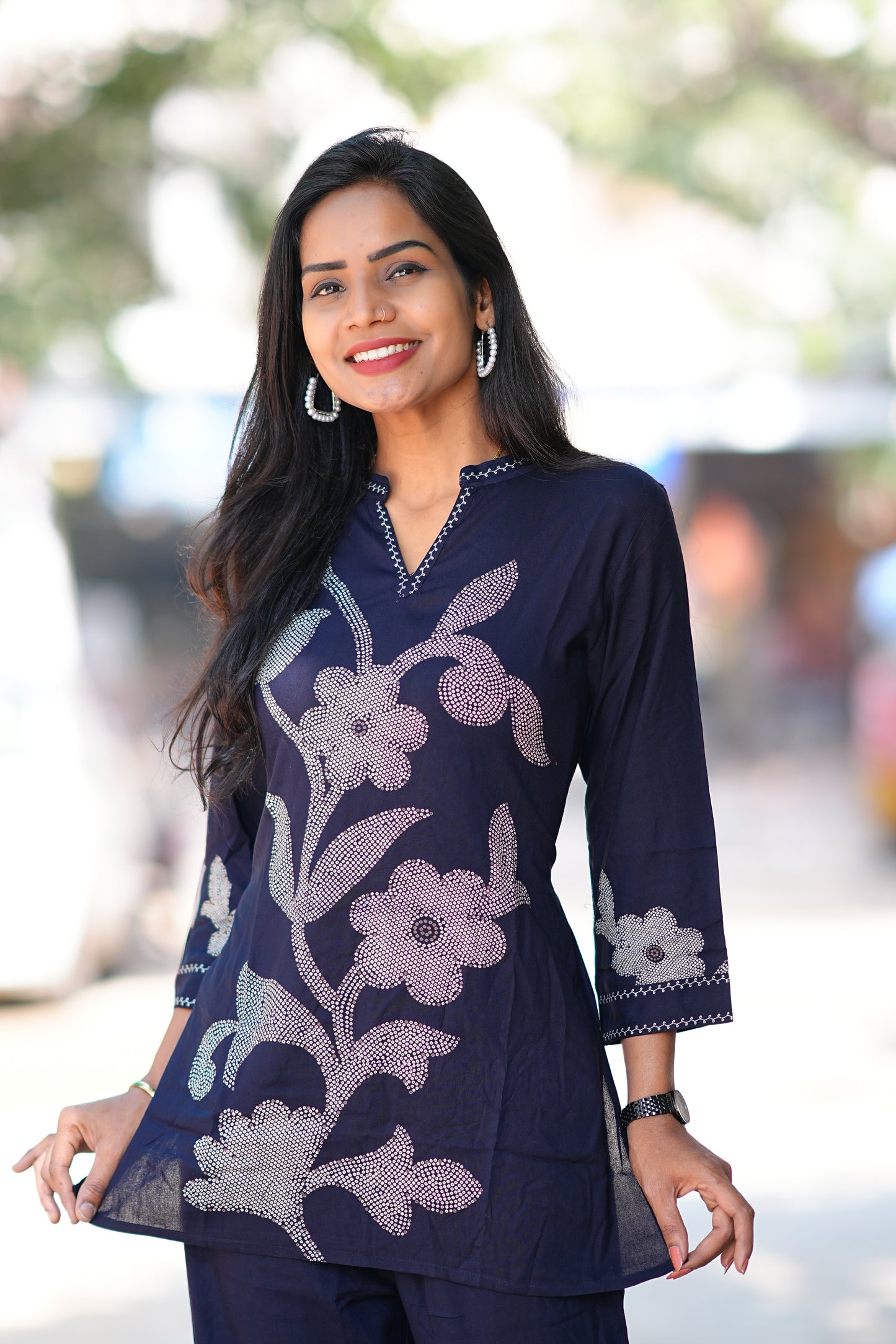 Round Neck With V Slit Blue Color Heavy Rayon With Bandini Print
