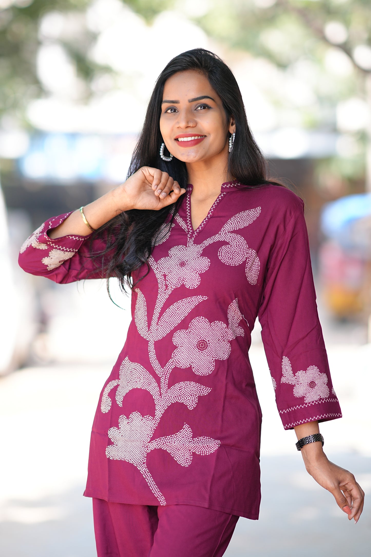 Round Neck With V slit Maroon Color Heavy Rayon With Bandini Print
