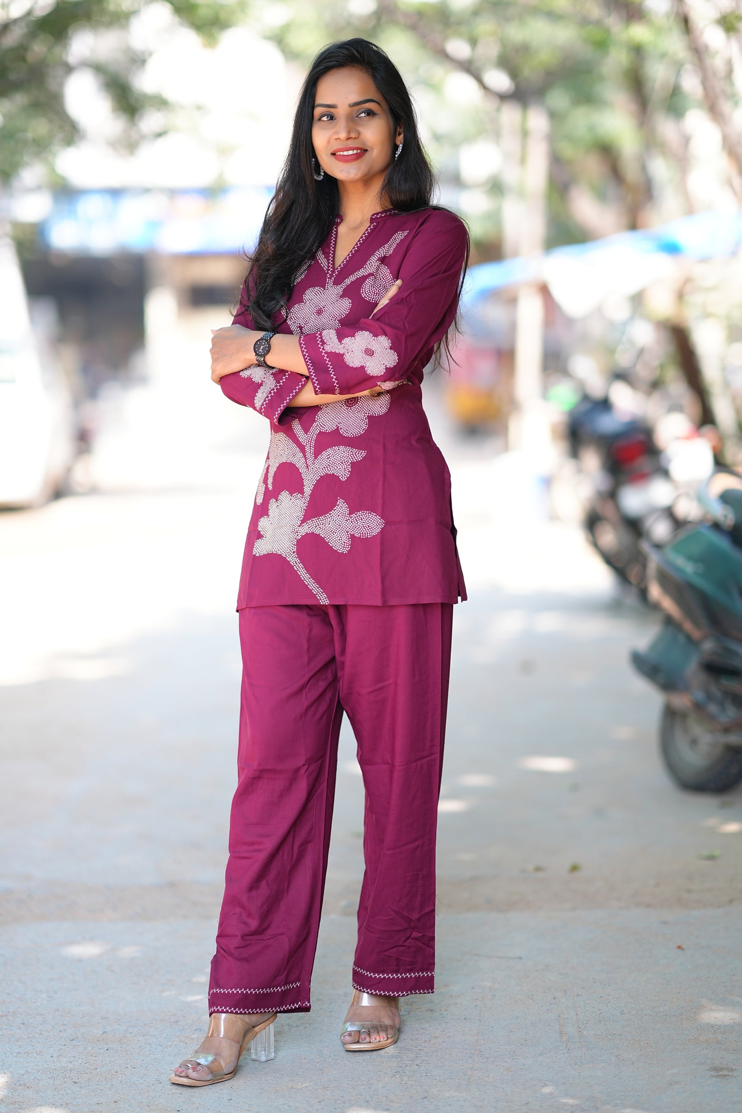 Round Neck With V slit Maroon Color Heavy Rayon With Bandini Print