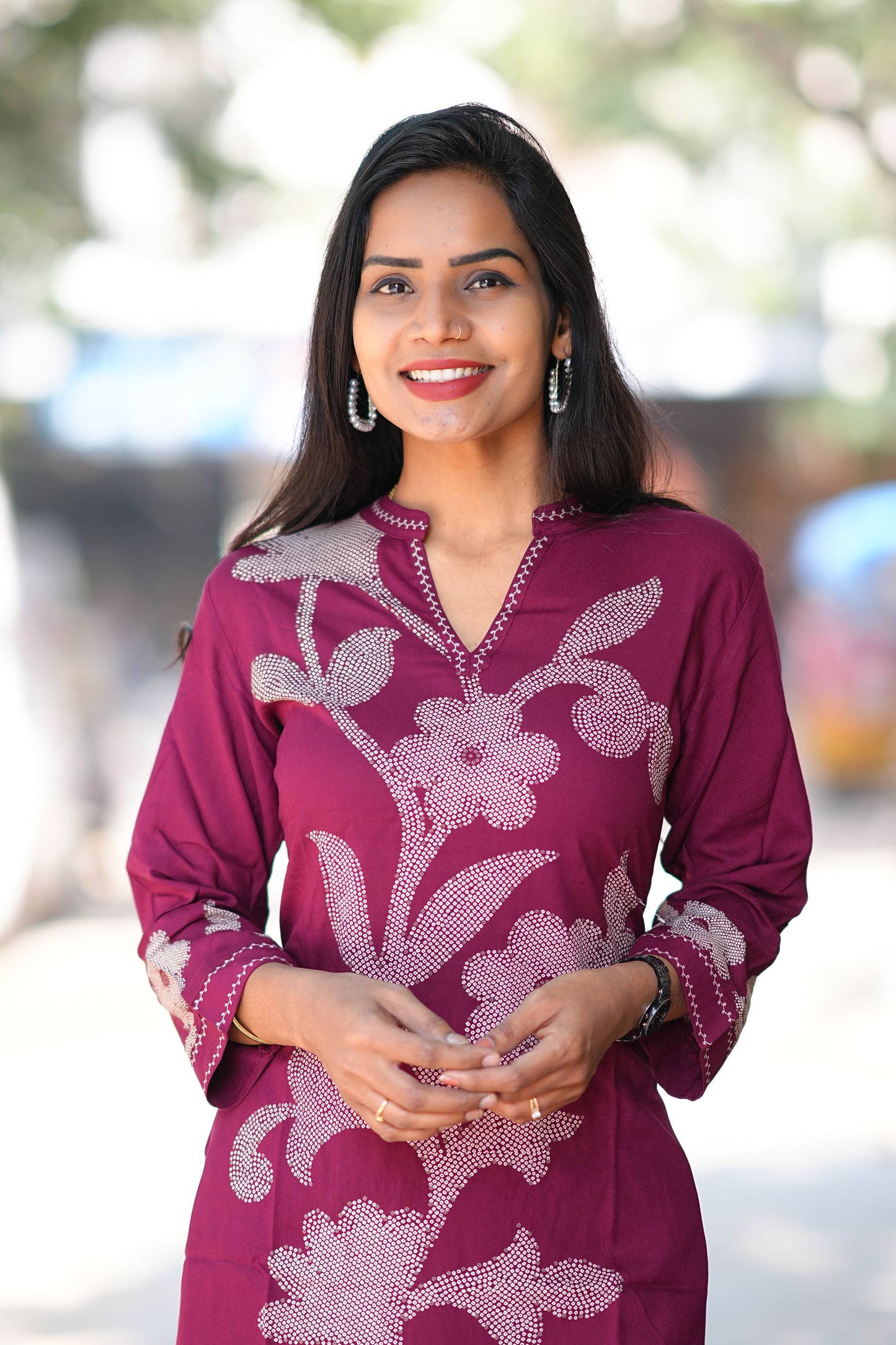 Round Neck With V slit Maroon Color Heavy Rayon With Bandini Print