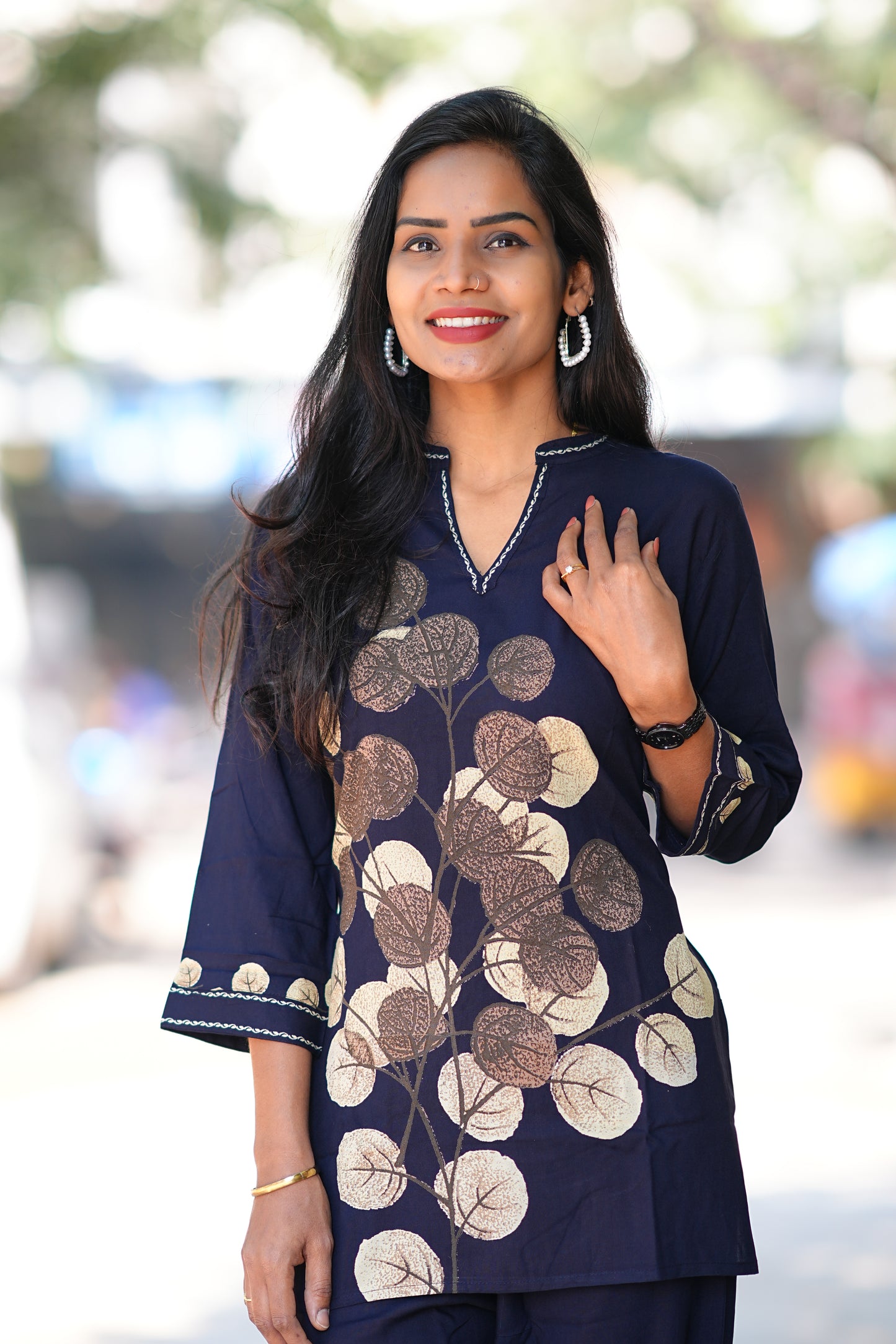 Round Neck With V slit Blue Color Heavy Rayon With Botanical Print