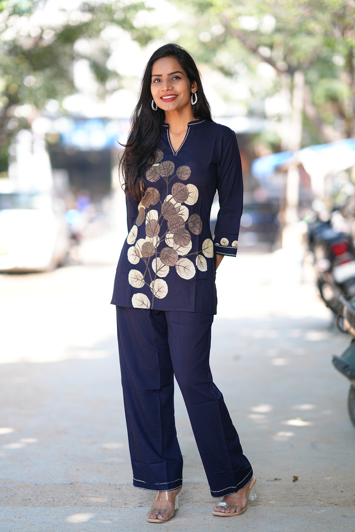 Round Neck With V slit Blue Color Heavy Rayon With Botanical Print