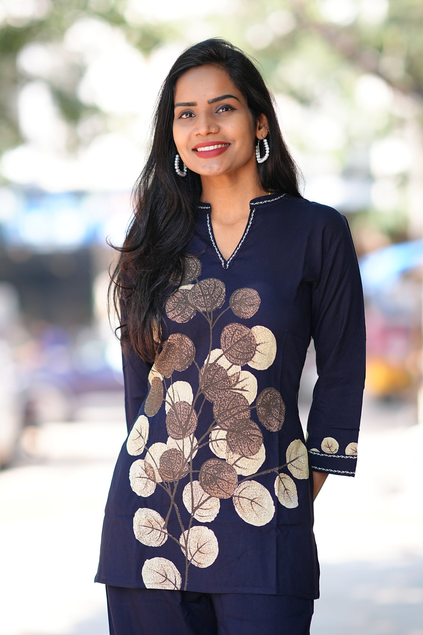 Round Neck With V slit Blue Color Heavy Rayon With Botanical Print