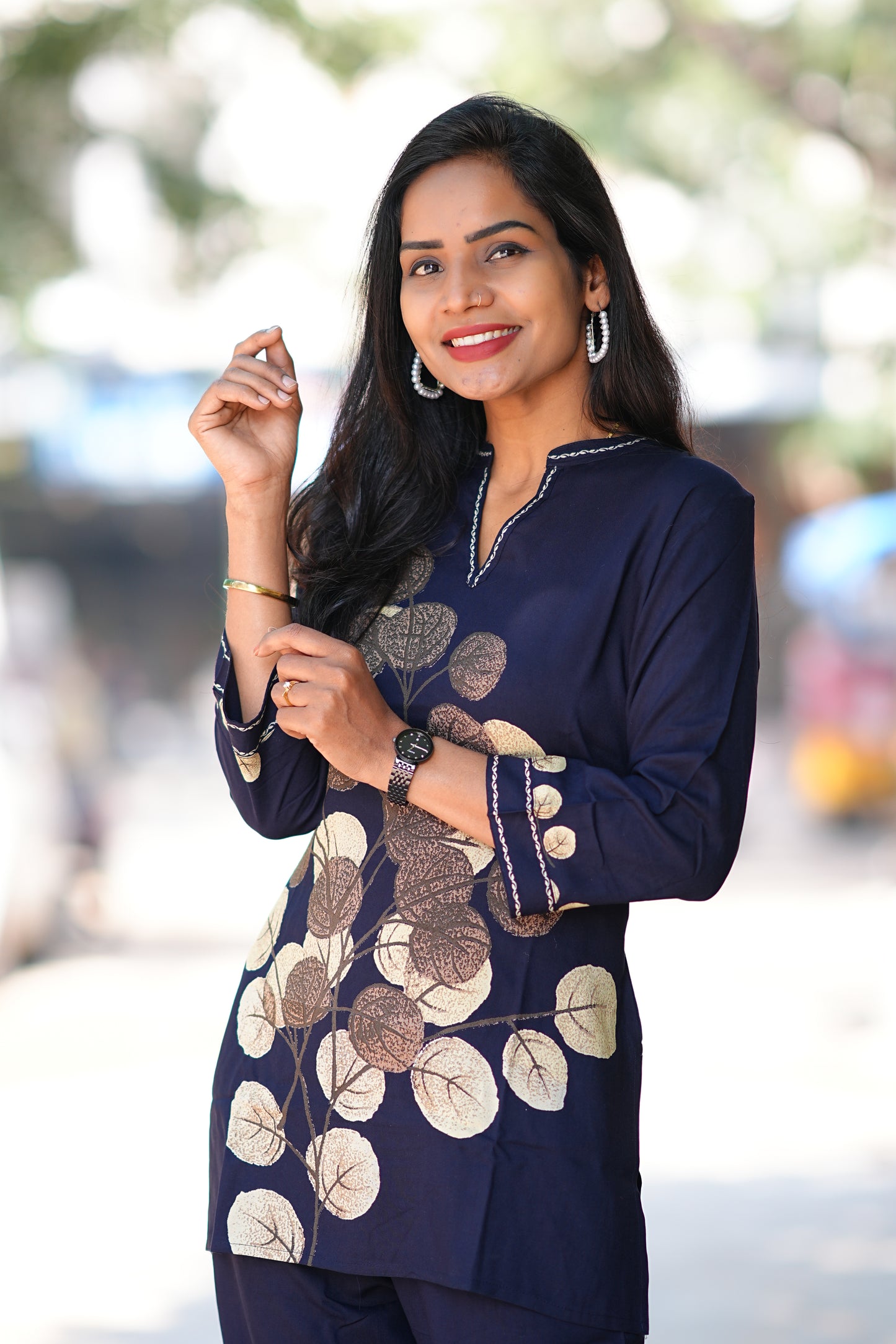 Round Neck With V slit Blue Color Heavy Rayon With Botanical Print