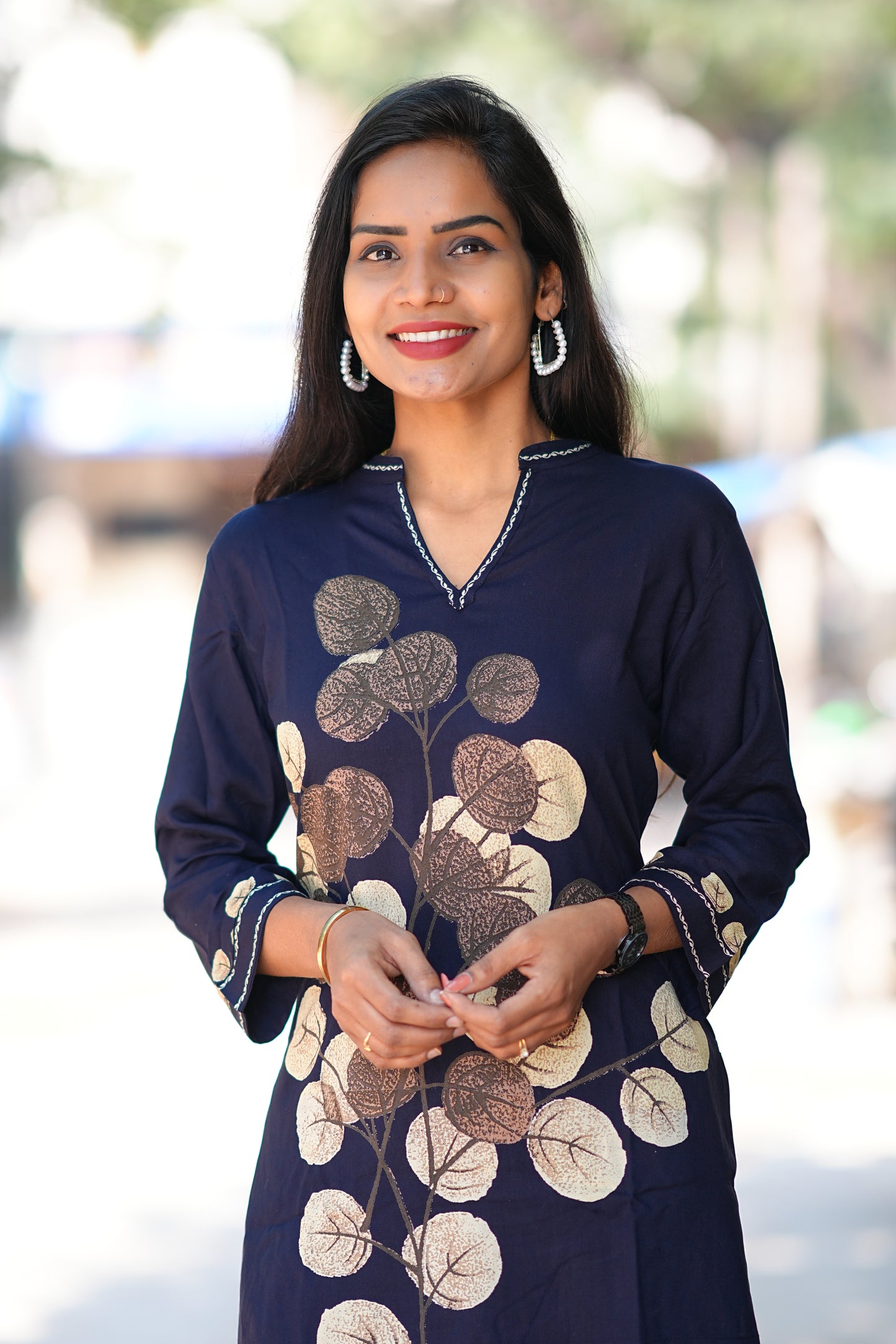 Round Neck With V slit Blue Color Heavy Rayon With Botanical Print