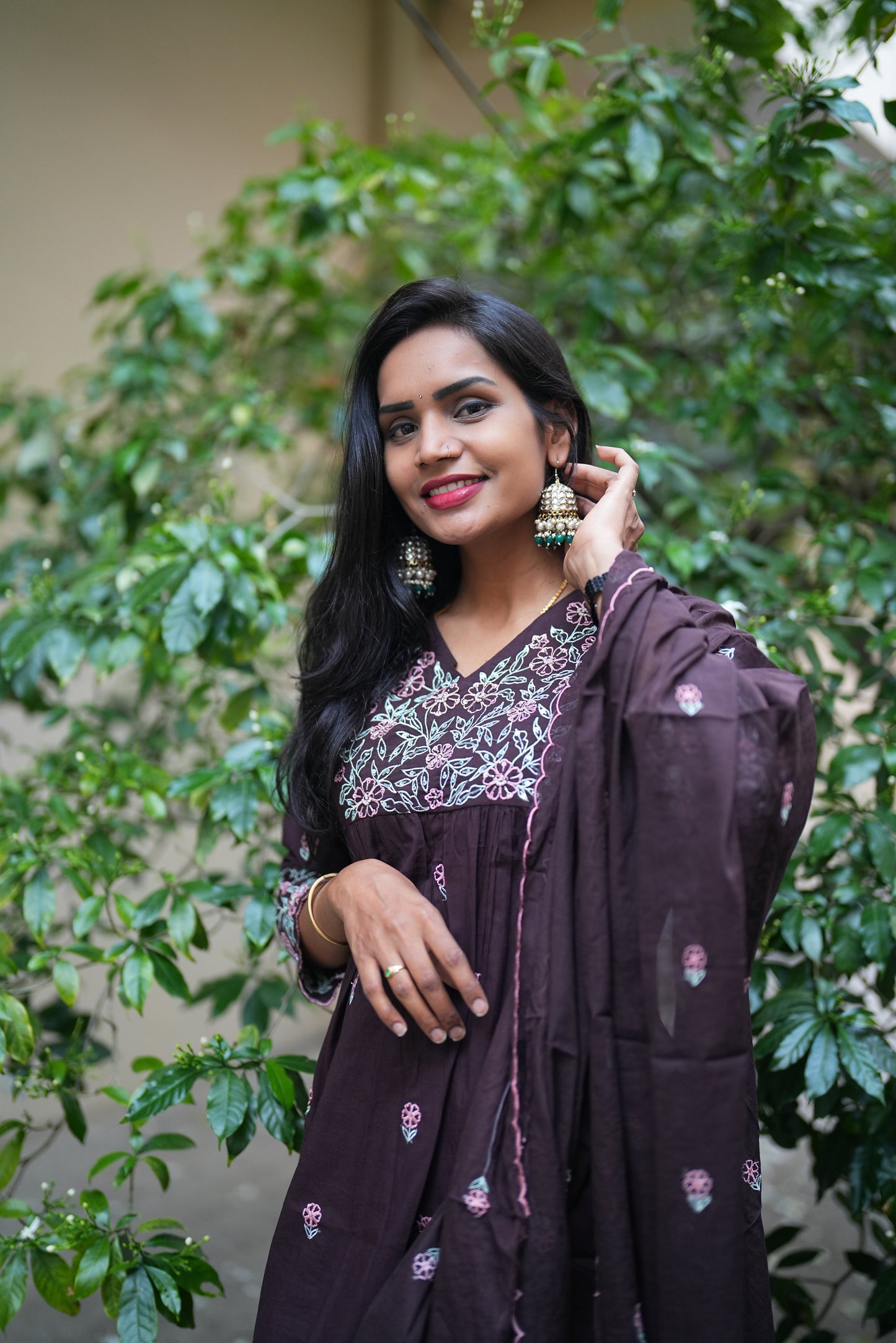 Brown Color Jaipur Cotton 3 Piece Set With Thread Embroidery Work