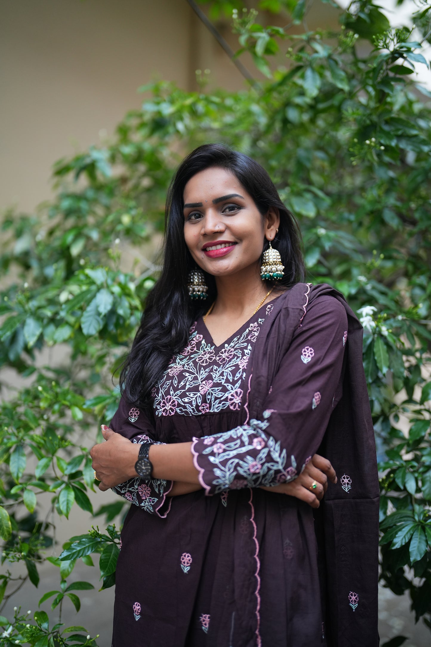 Brown Color Jaipur Cotton 3 Piece Set With Thread Embroidery Work