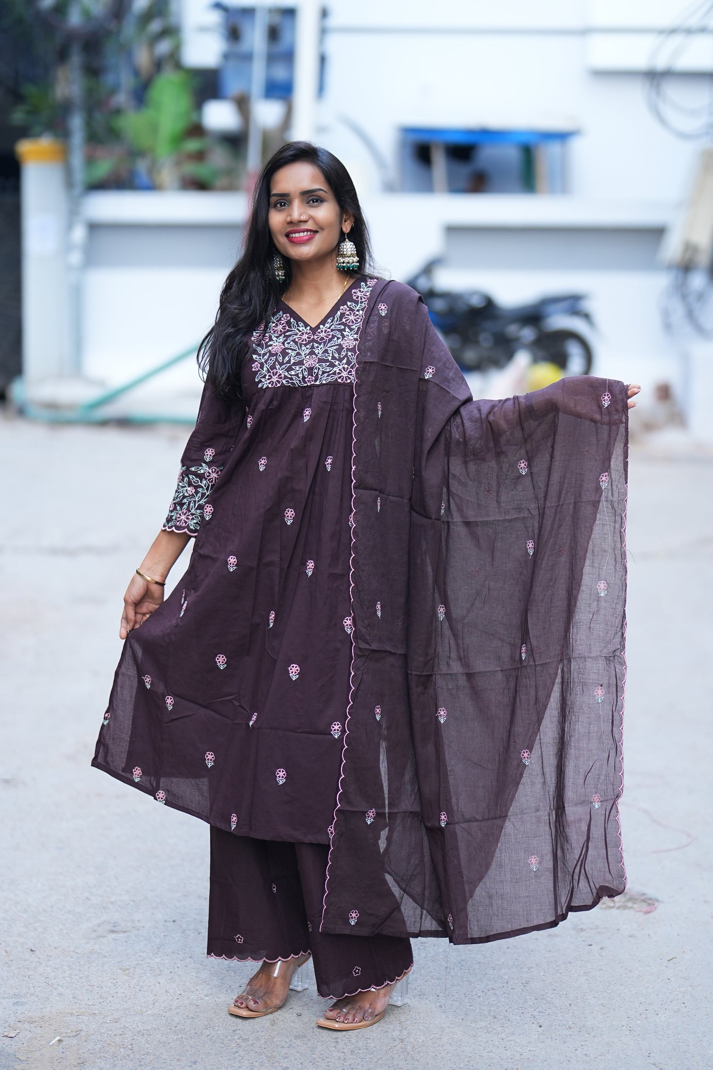 Brown Color Jaipur Cotton 3 Piece Set With Thread Embroidery Work