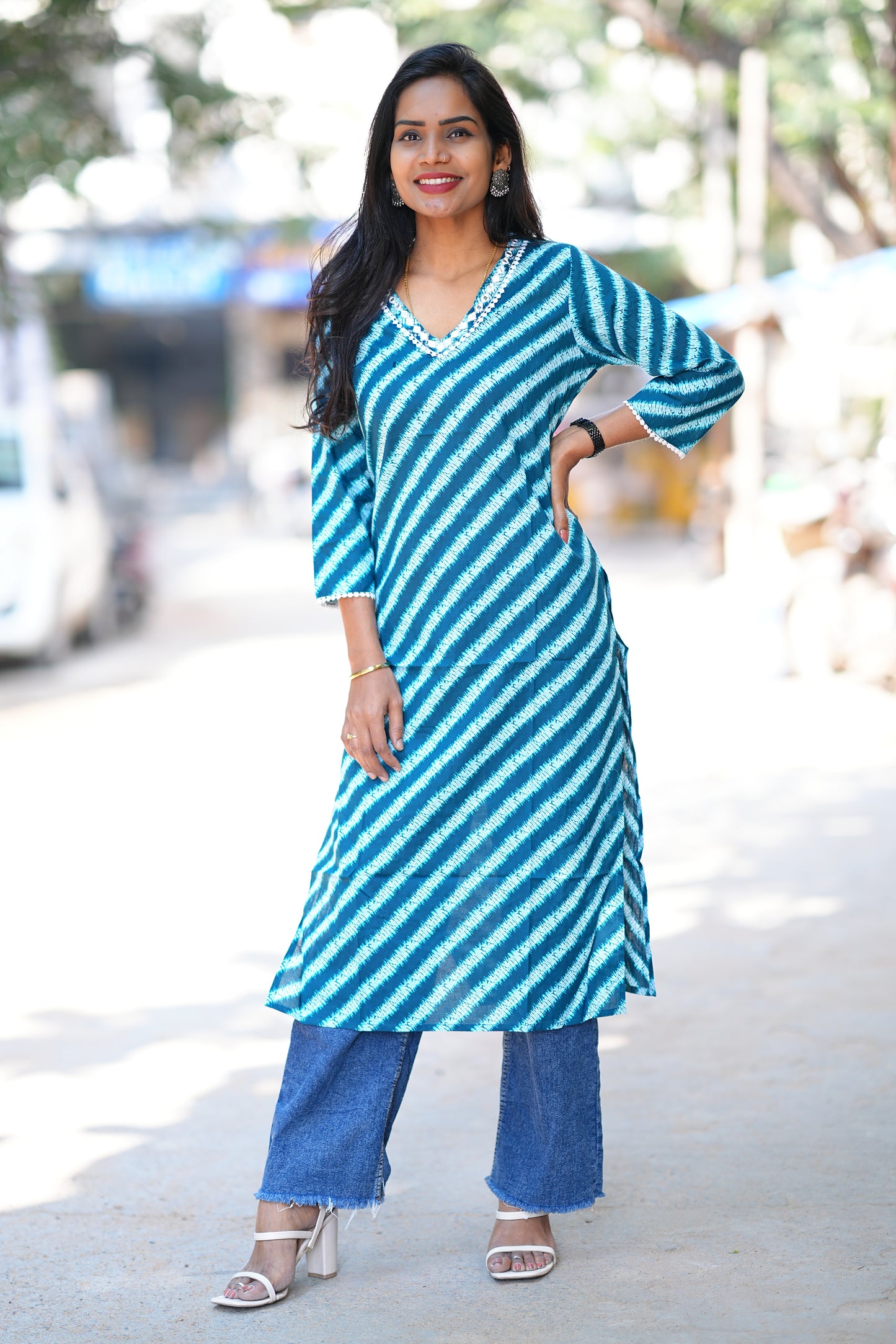 Teal Blue Shibori Print Office Wear Kurta in Jaipur Cotton