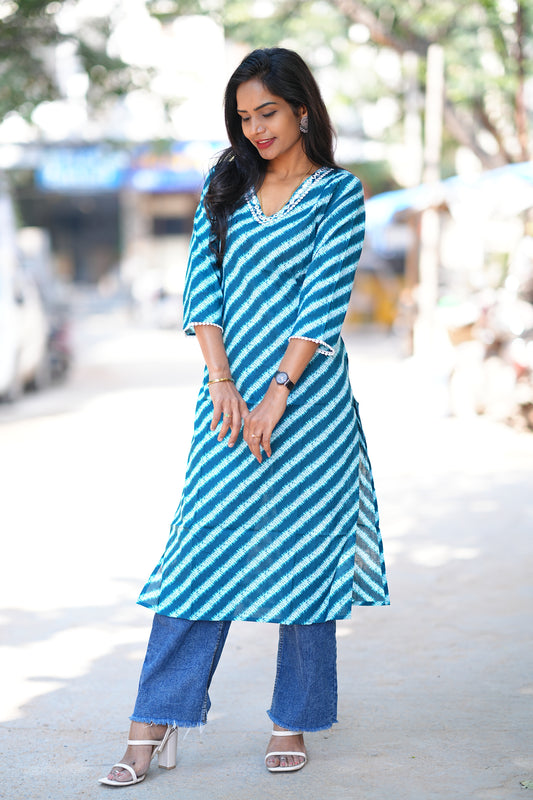 Teal Blue Shibori Print Office Wear Kurta in Jaipur Cotton
