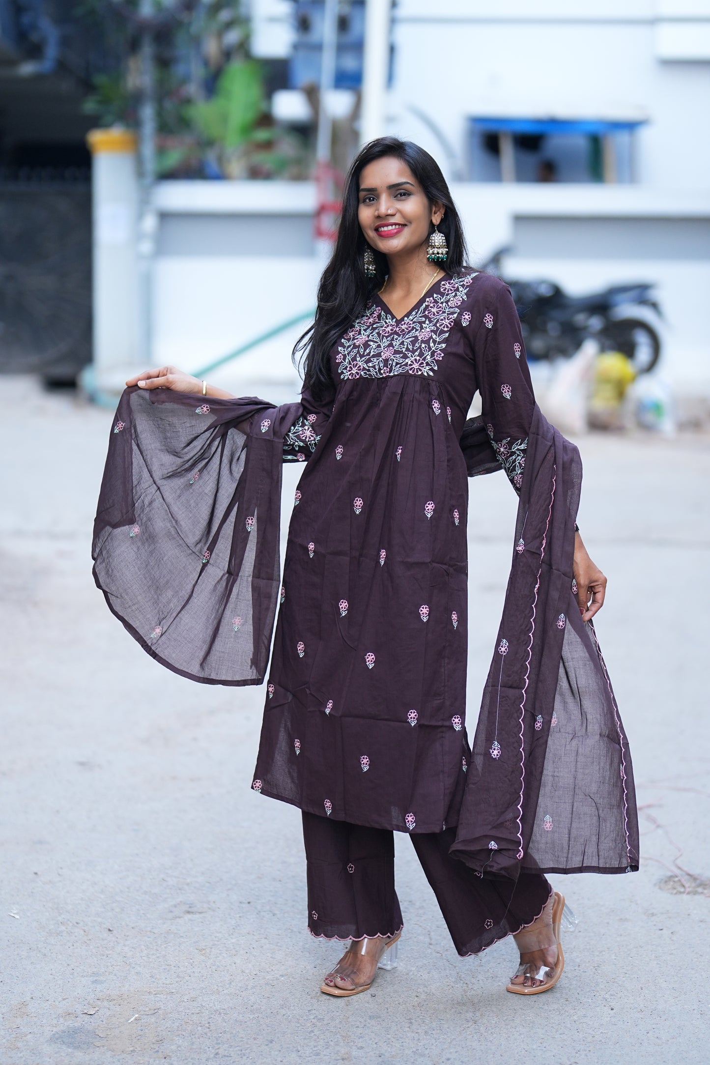 Brown Color Jaipur Cotton 3 Piece Set With Thread Embroidery Work