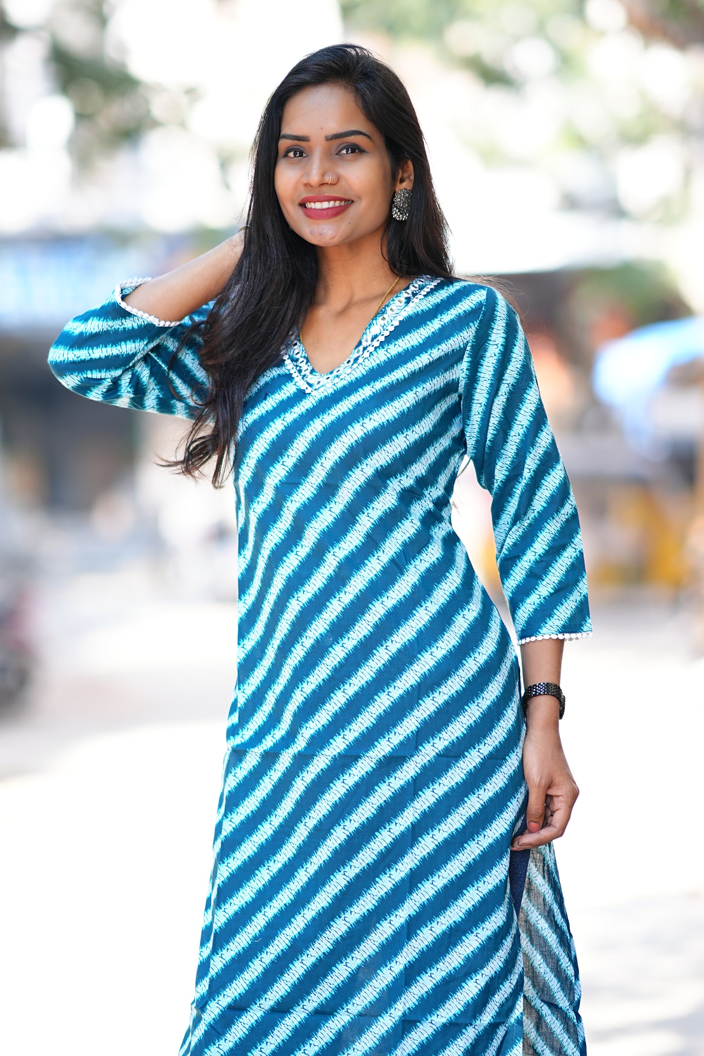 Teal Blue Shibori Print Office Wear Kurta in Jaipur Cotton