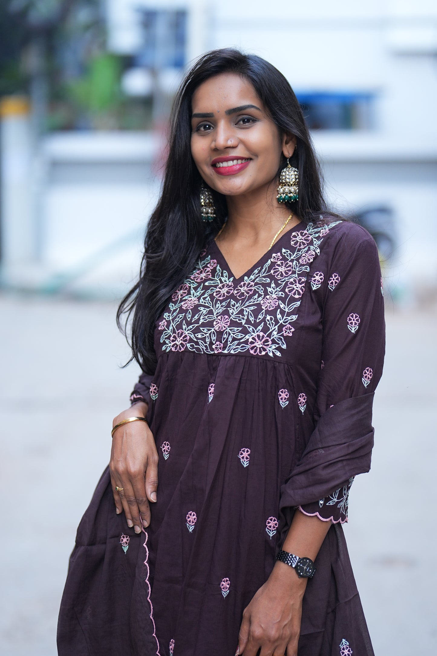 Brown Color Jaipur Cotton 3 Piece Set With Thread Embroidery Work