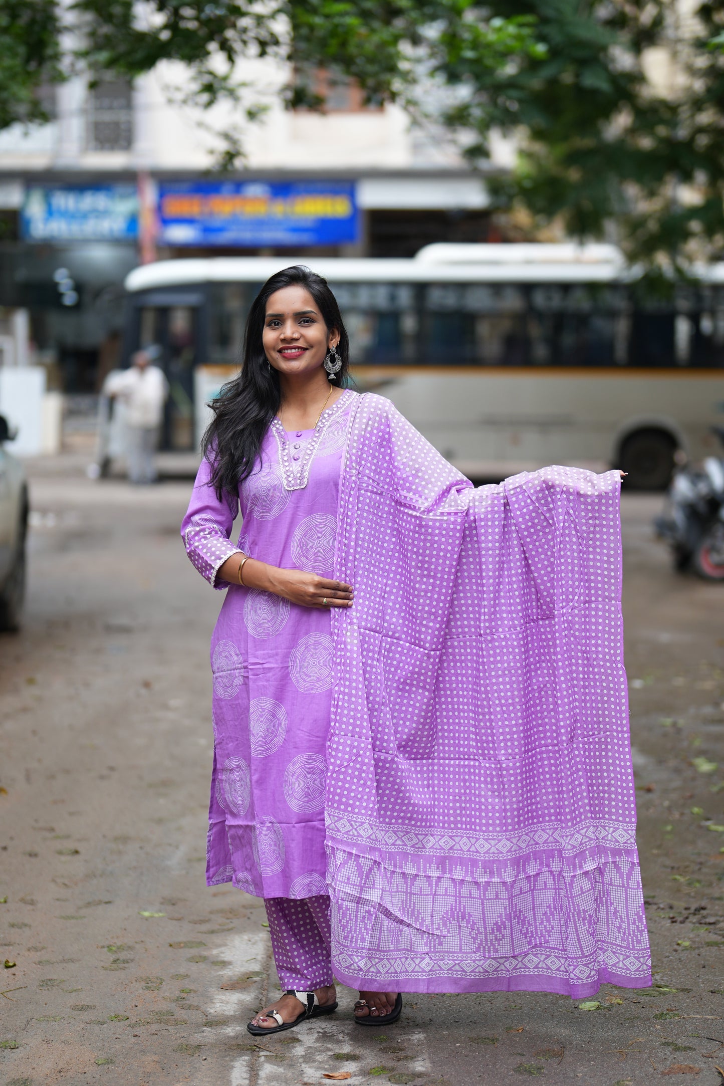 Lavender Jaipur Cotton Office Wear 3 Piece Set With Complete Lining