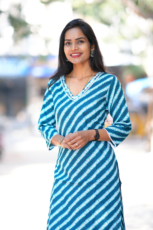 Teal Blue Shibori Print Office Wear Kurta in Jaipur Cotton