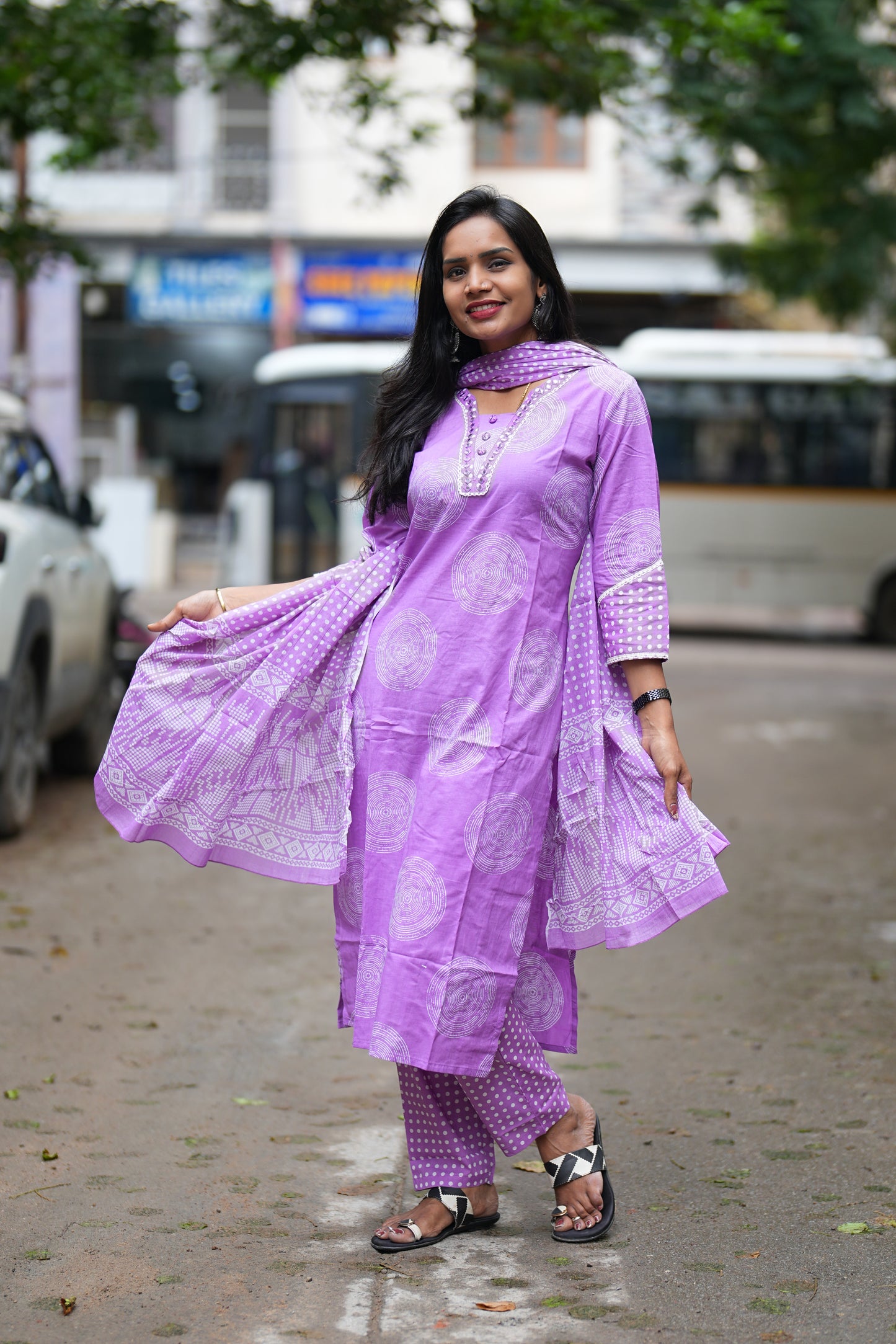 Lavender Jaipur Cotton Office Wear 3 Piece Set With Complete Lining