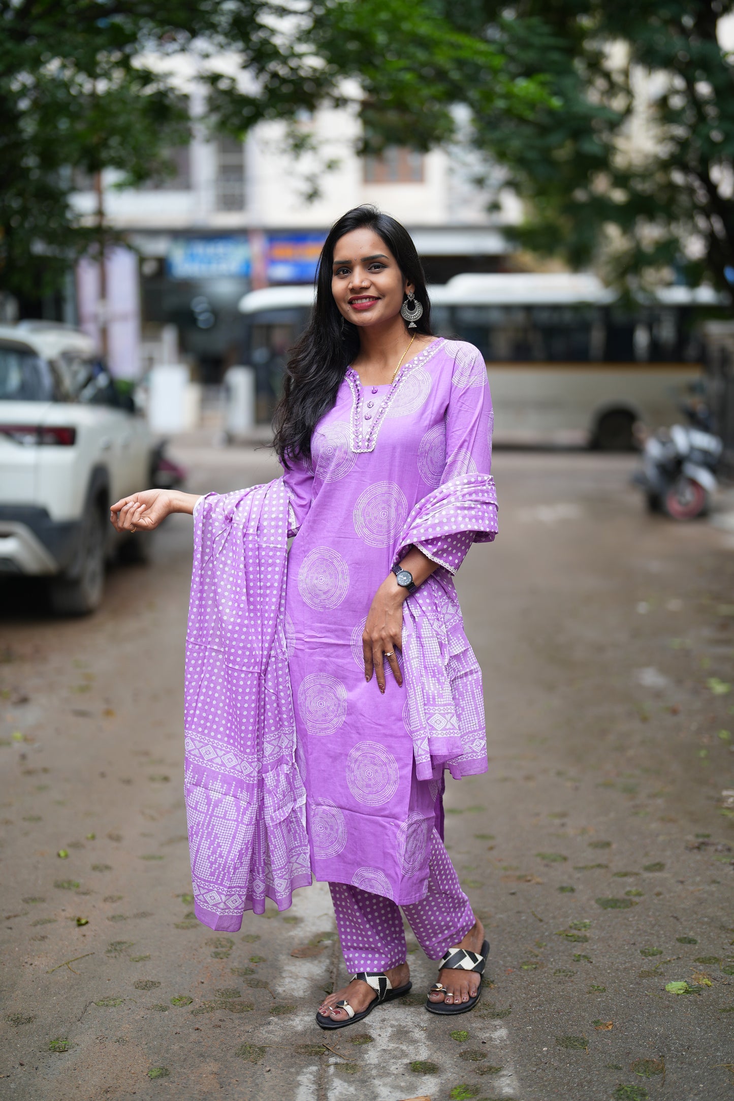Lavender Jaipur Cotton Office Wear 3 Piece Set With Complete Lining