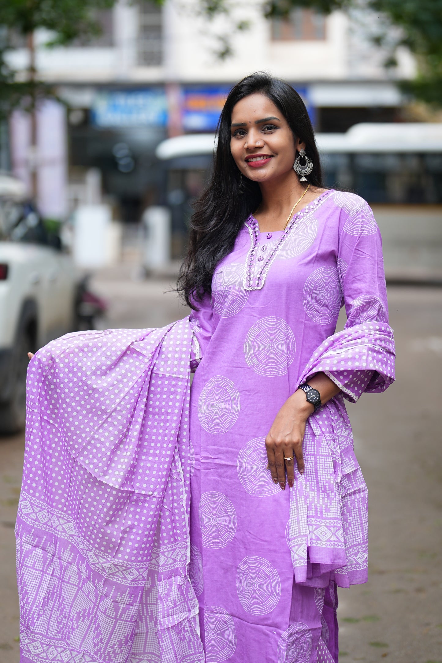 Lavender Jaipur Cotton Office Wear 3 Piece Set With Complete Lining