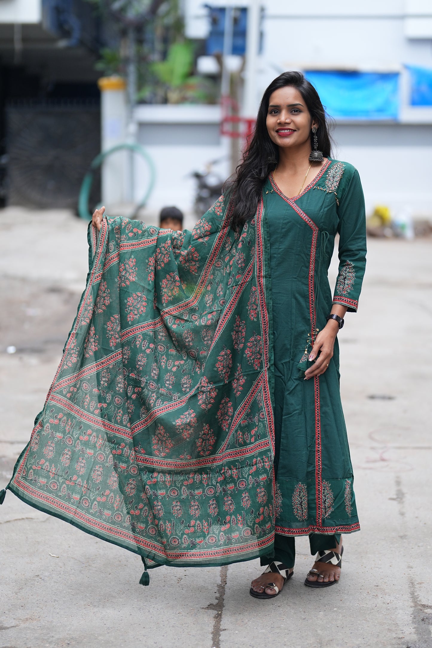 Dark Green Color Jaipur Cotton Anarkali 3 Piece Set With Complete Lining