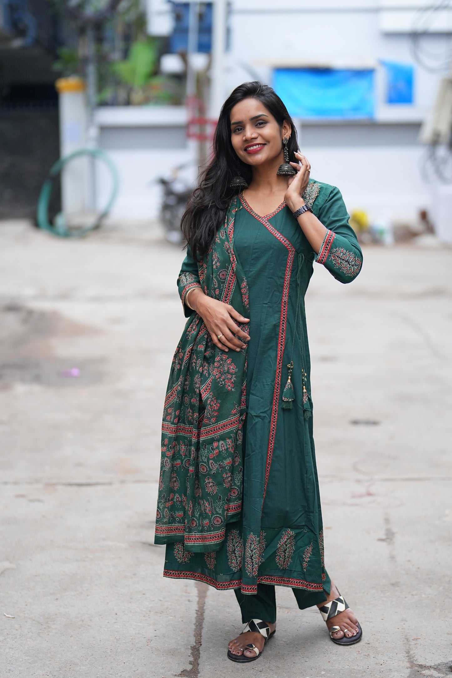 Dark Green Color Jaipur Cotton Anarkali 3 Piece Set With Complete Lining