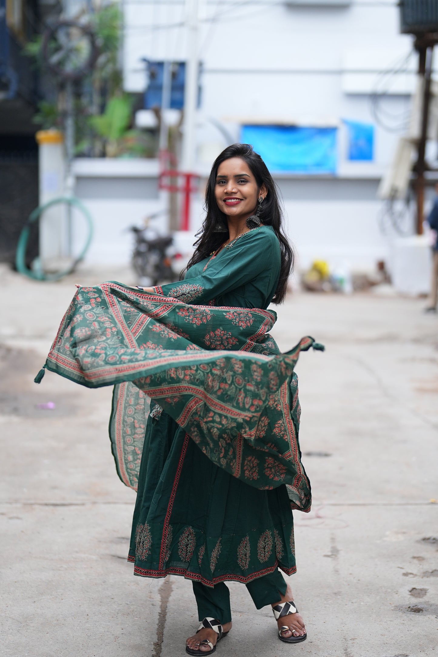 Dark Green Color Jaipur Cotton Anarkali 3 Piece Set With Complete Lining