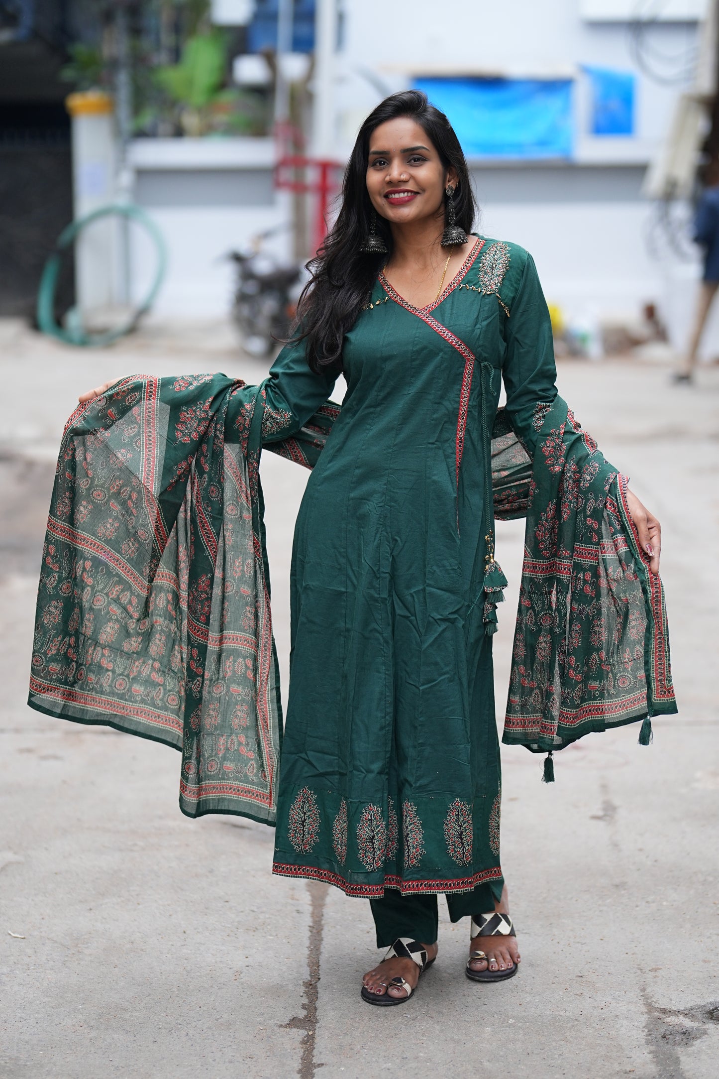 Dark Green Color Jaipur Cotton Anarkali 3 Piece Set With Complete Lining