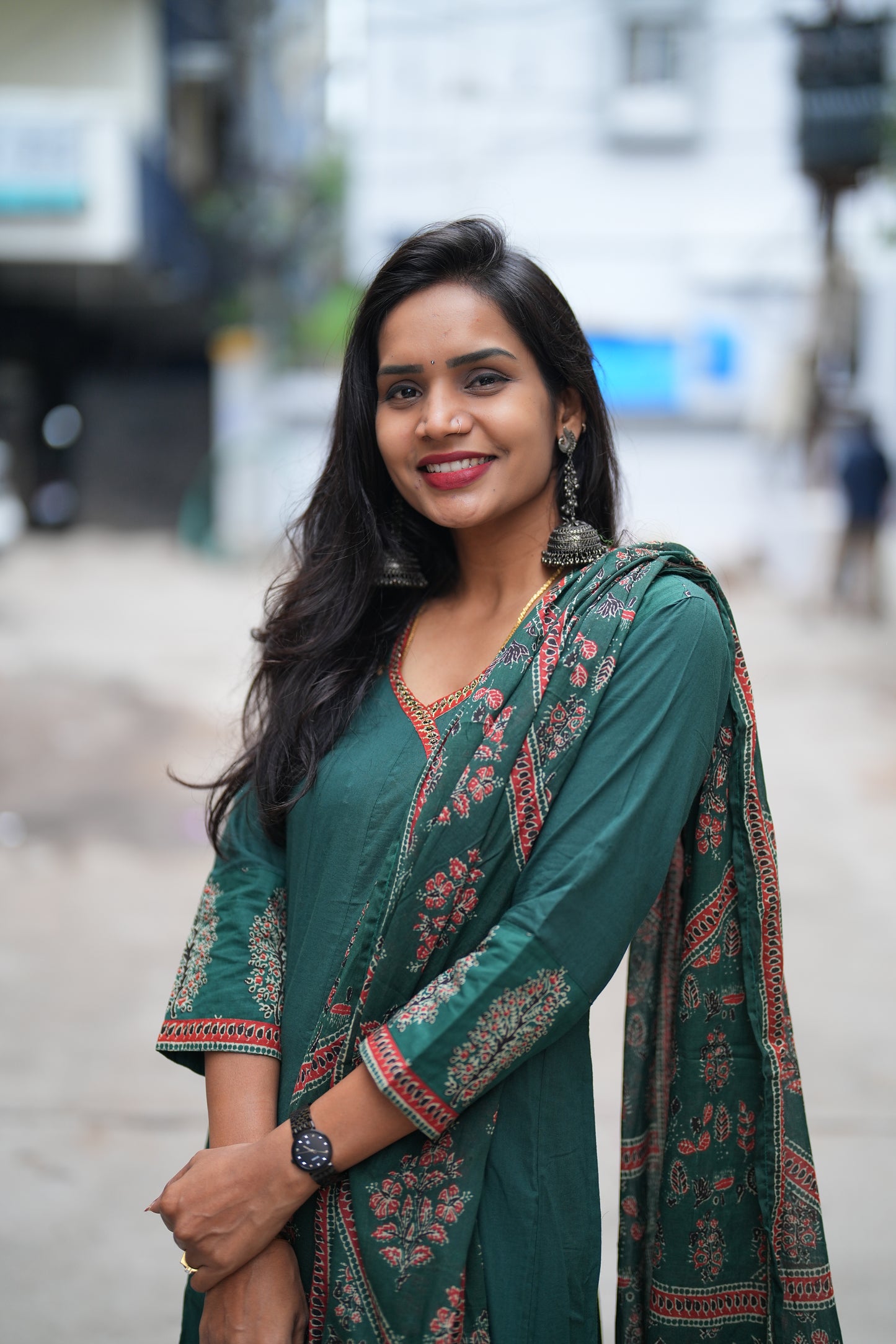 Dark Green Color Jaipur Cotton Anarkali 3 Piece Set With Complete Lining