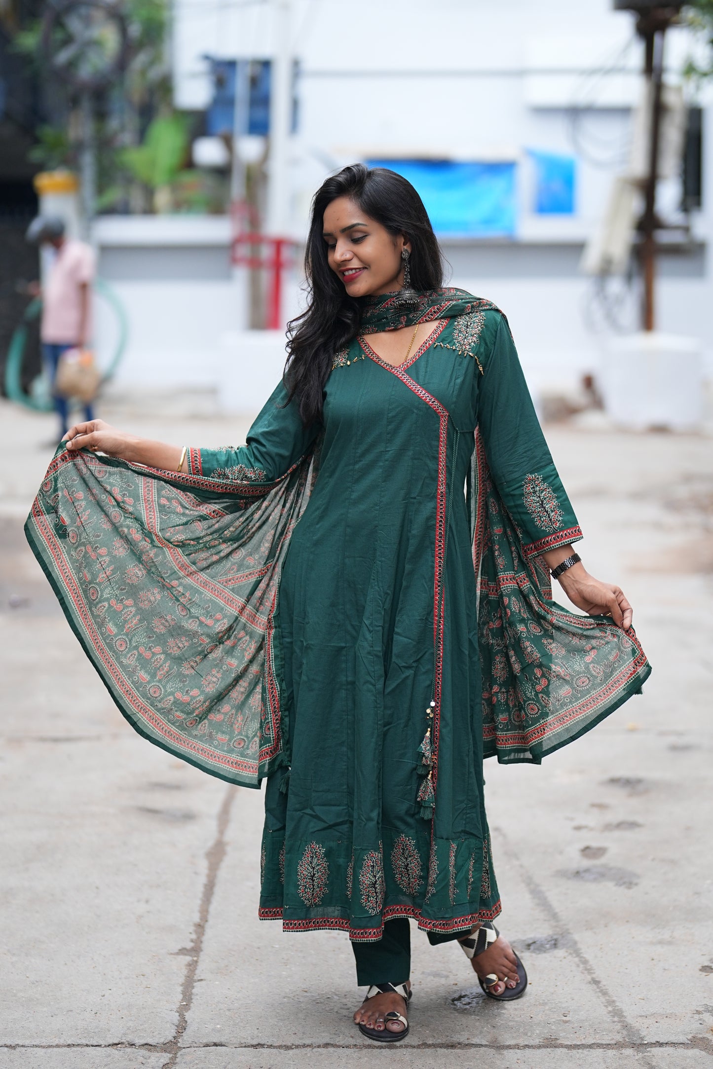 Dark Green Color Jaipur Cotton Anarkali 3 Piece Set With Complete Lining