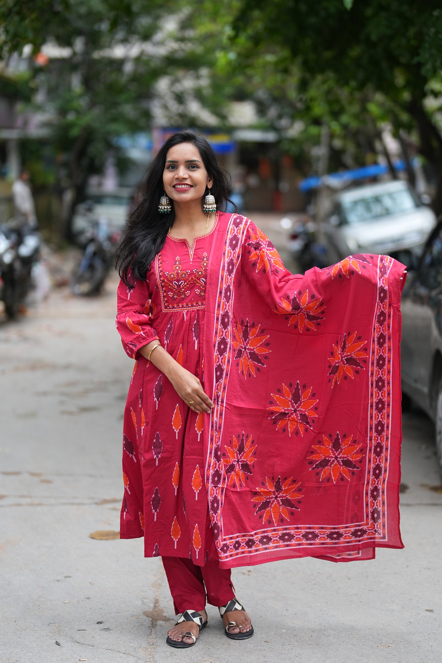 Red Color Anarkali Dress 3 Piece Set With Thread Embroidery Work