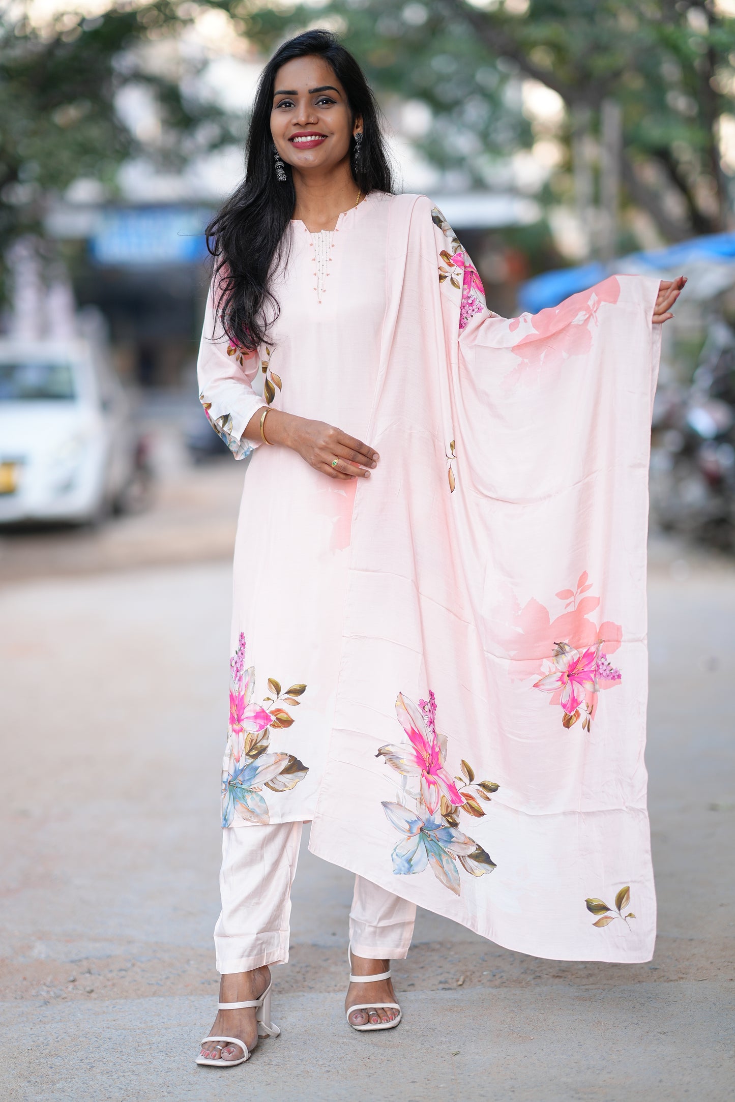 Pure Muslin Pink Floral Print 3 Piece Set With Complete Lining