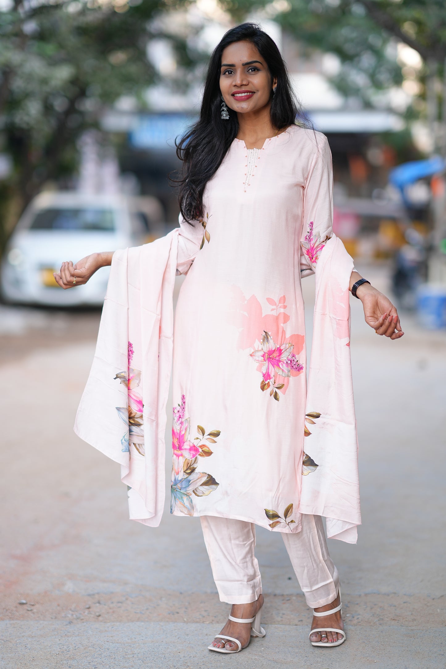 Pure Muslin Pink Floral Print 3 Piece Set With Complete Lining