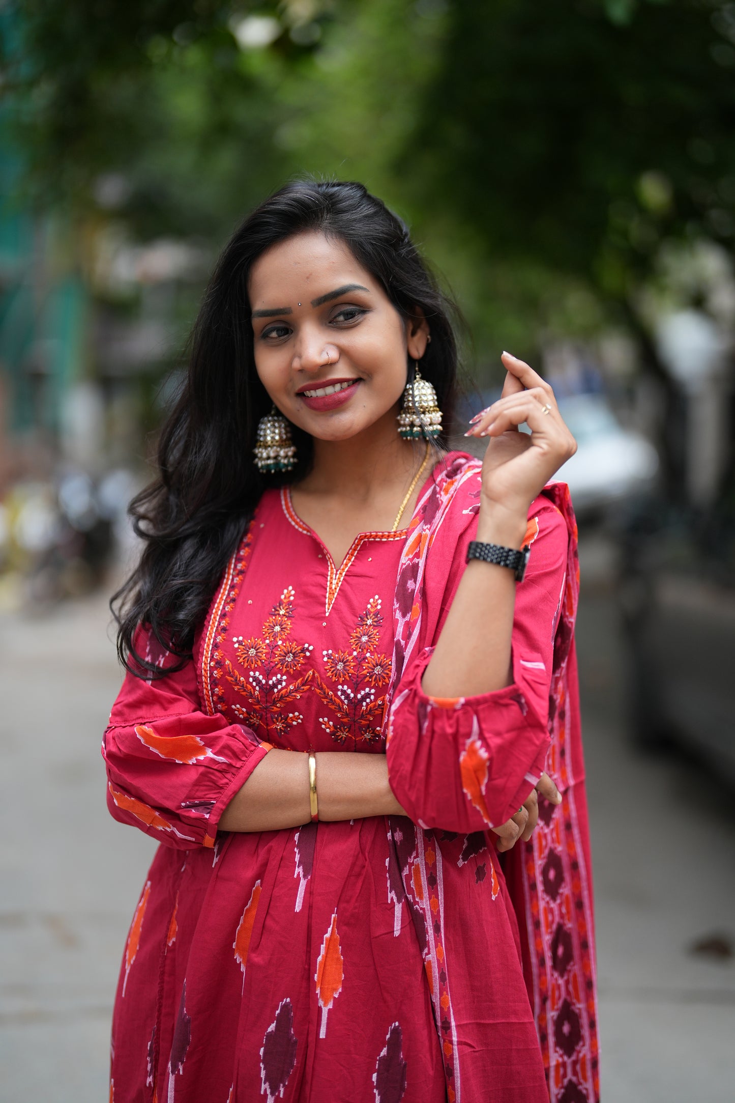 Red Color Anarkali Dress 3 Piece Set With Thread Embroidery Work