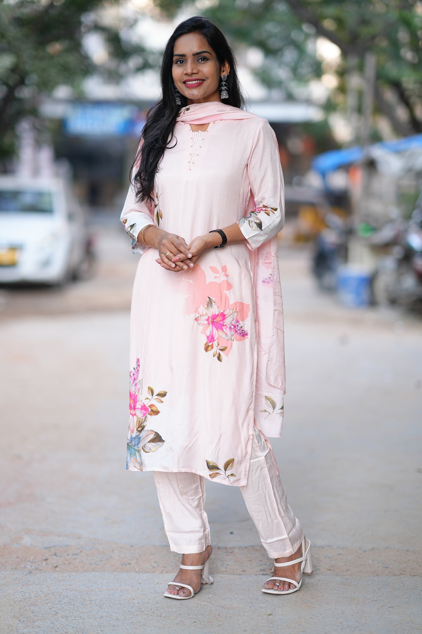 Pure Muslin Pink Floral Print 3 Piece Set With Complete Lining