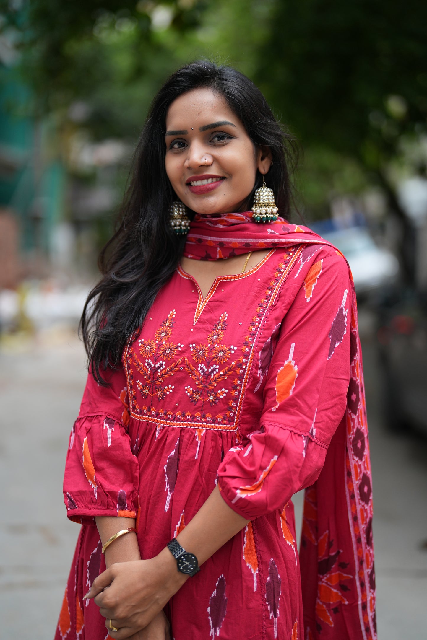 Red Color Anarkali Dress 3 Piece Set With Thread Embroidery Work