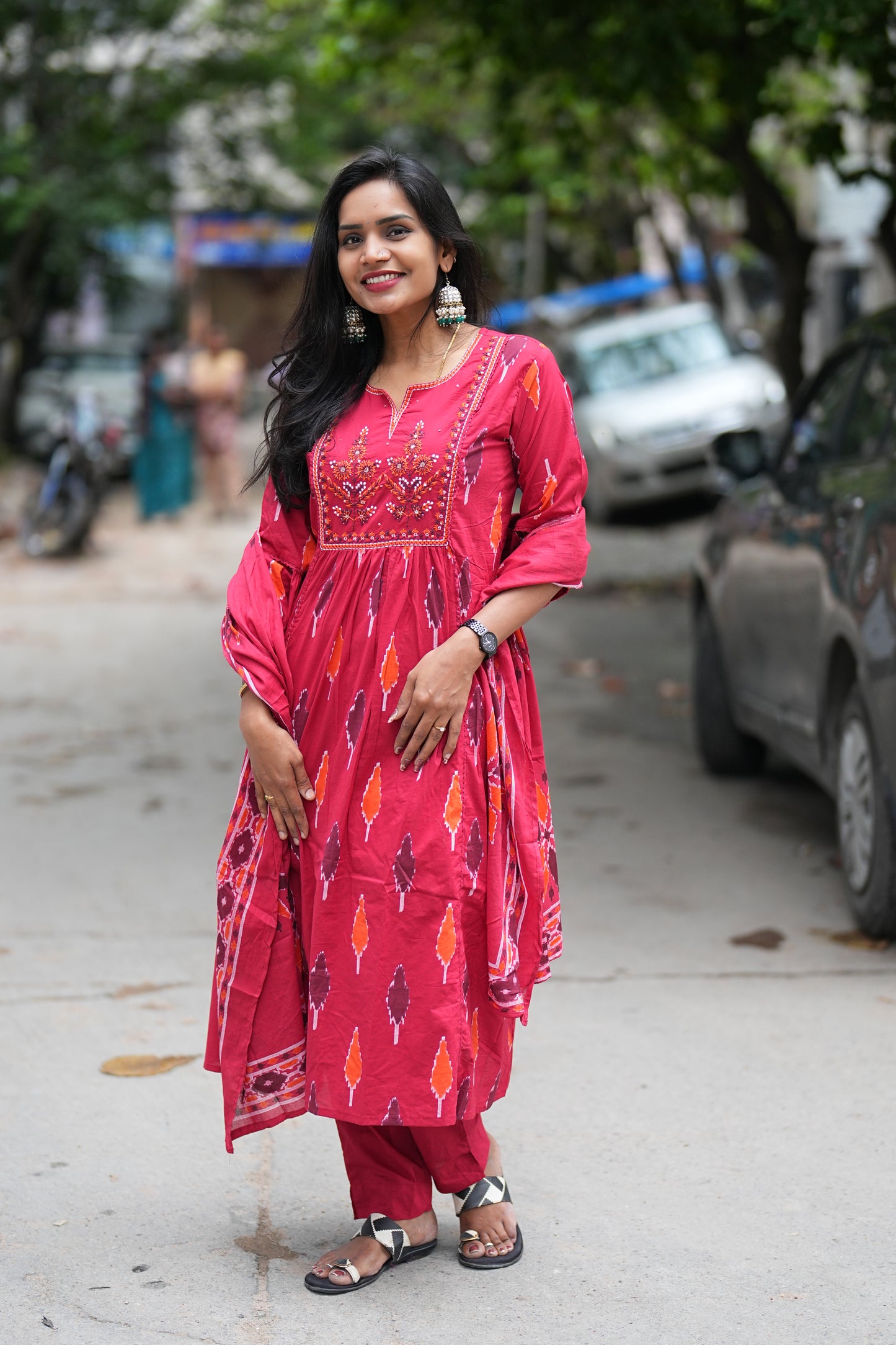 Red Color Anarkali Dress 3 Piece Set With Thread Embroidery Work